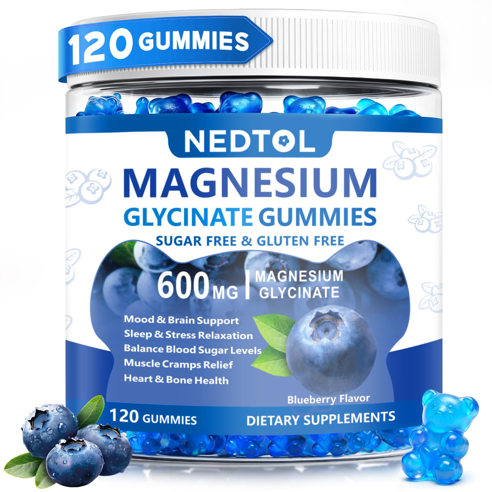 Nedtol Magnesium Glycinate Gummies 600mg, Sugar Free Magnesium Potassium Supplement for Adults with Magnesium L-Threonate, Vitamin D, B6,and CoQ10 for Sleep, Body Support and Relaxation,120 Count Nedtol uk supplements