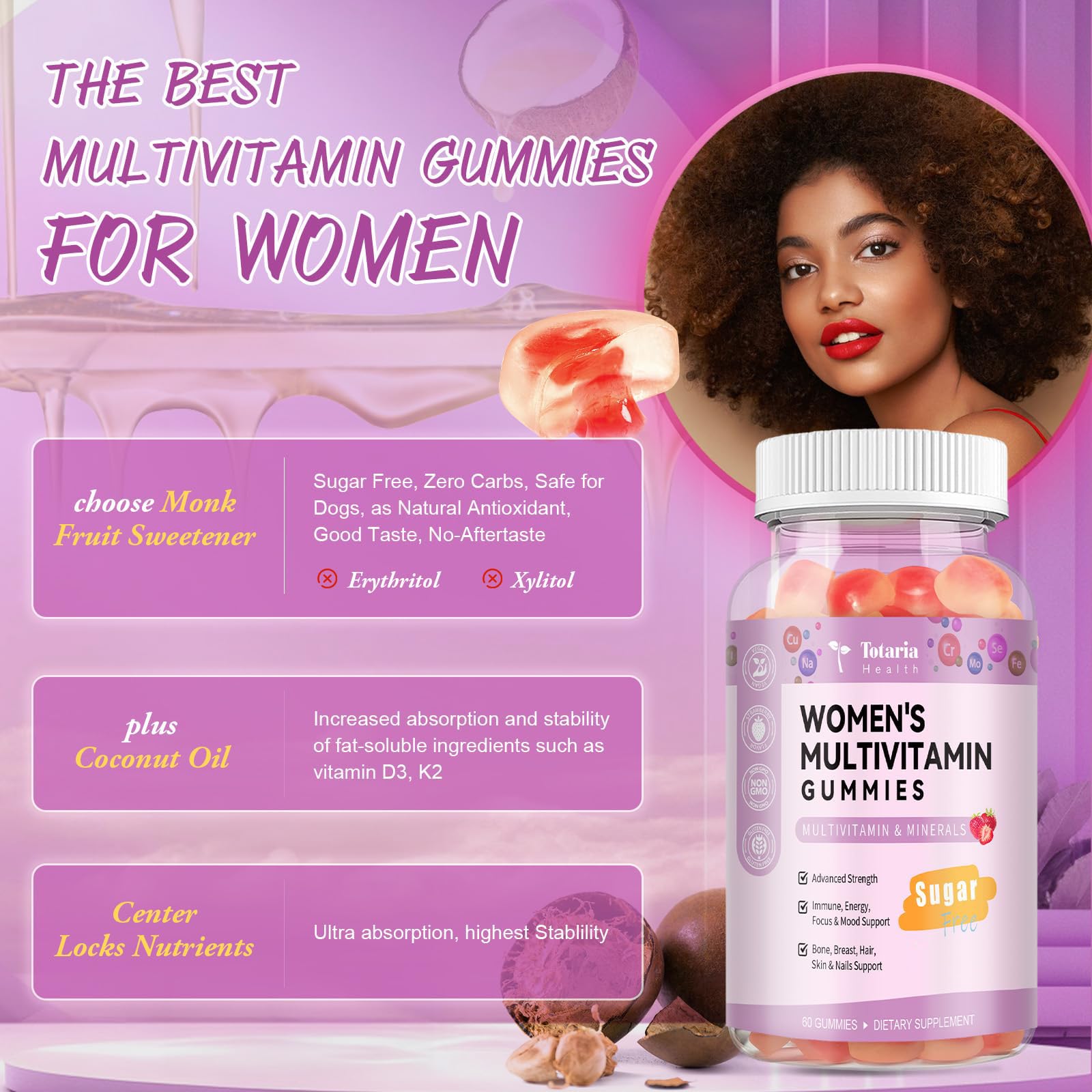 Totaria Sugar Free Multivitamin Gummies for Women 14+ w/Iron, Inositol, Folate, Biotin, Womens Daily Multivitamin Gummy w/Vitamin A, C, B, D3, K2 Totaria uk supplements