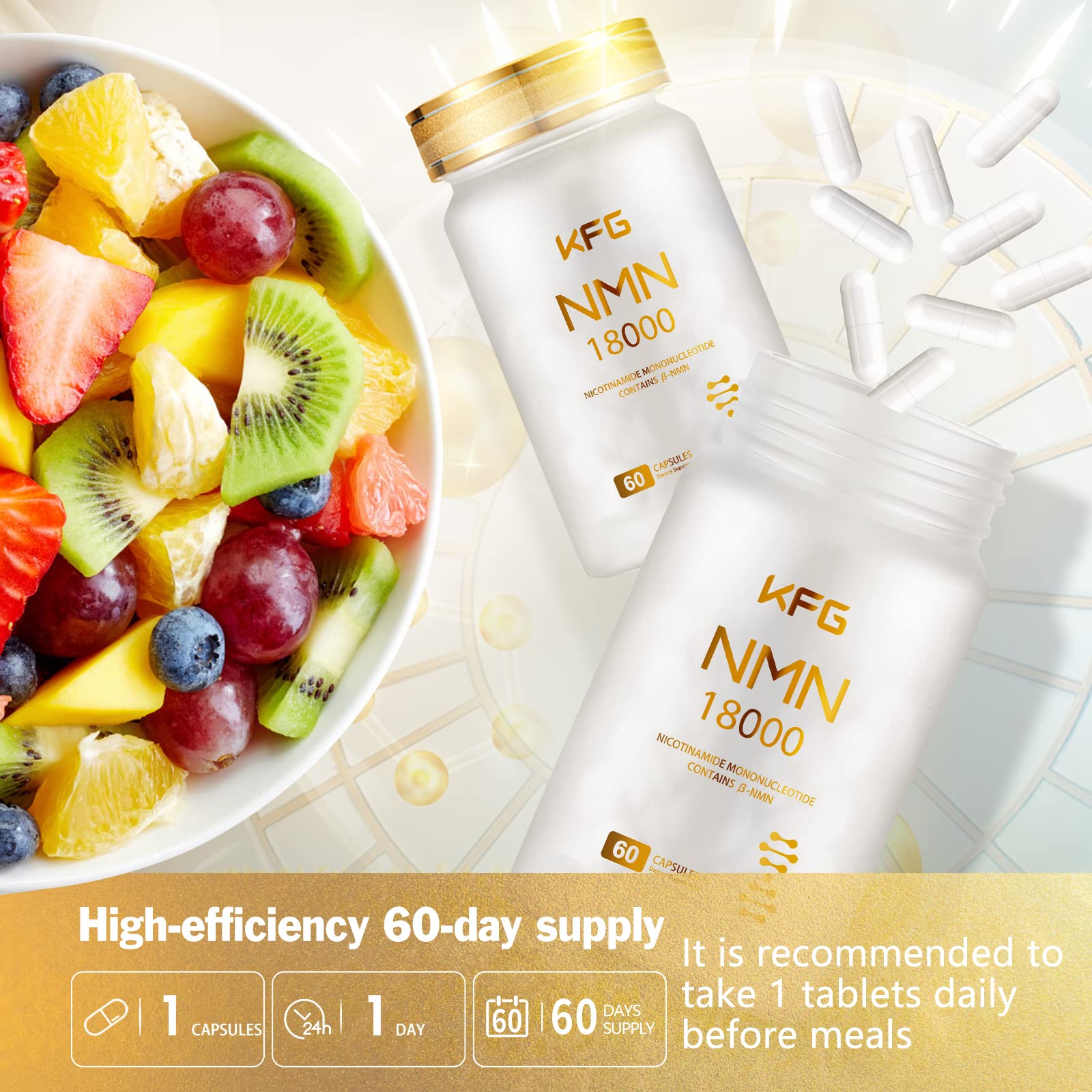 KFG NMN 18000 - NMN Nicotinamide Mononucleotide Supplement with Resveratrol, Stabilized Form & 99% High Purity to Boost NAD+ Levels for DNA Repair Supplement,for Healthy Aging,60 Capsules KFG uk supplements