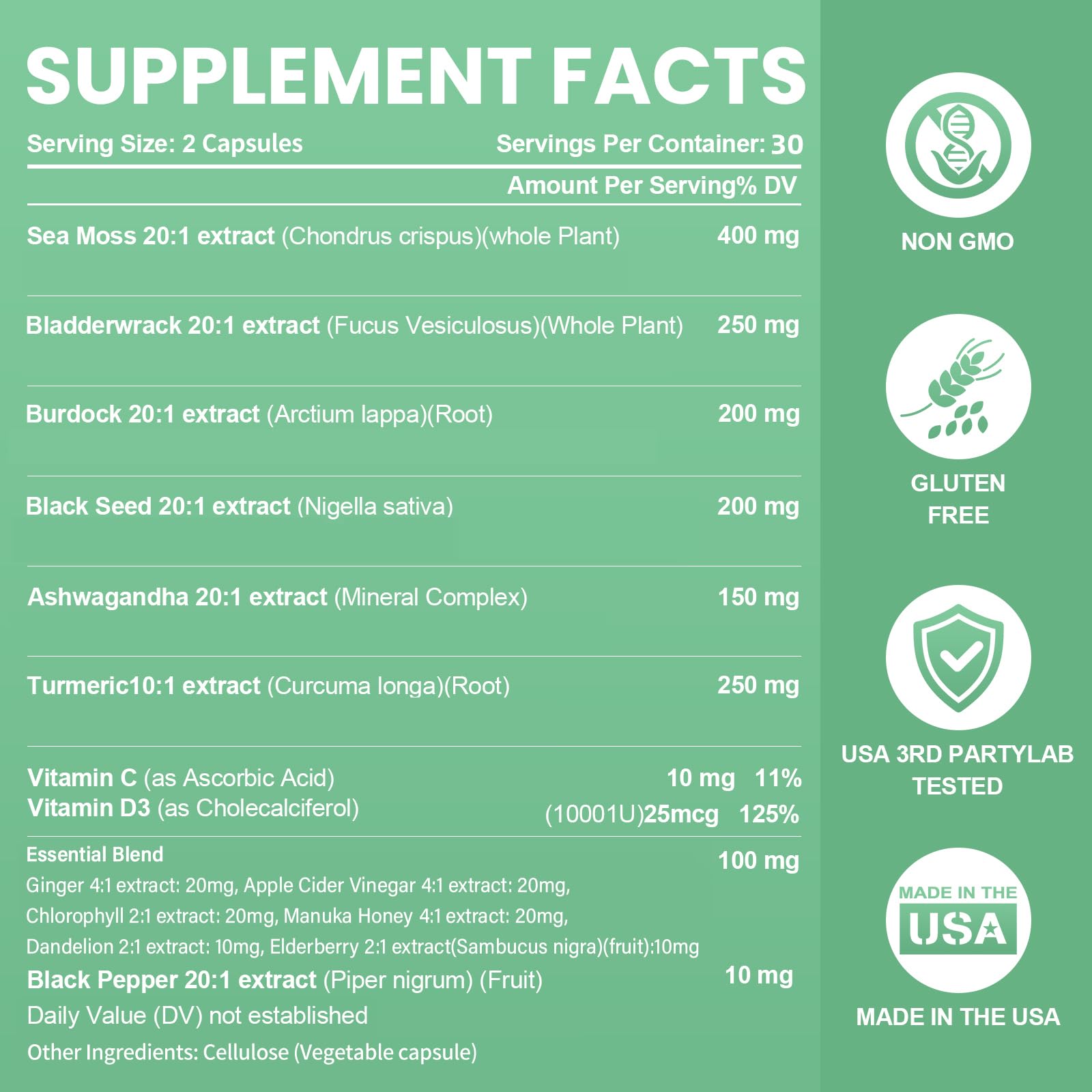 Sea Moss Black Seed Oil Ashwagandha Bladderwrack Burdock Root Turmeric & Vitamin C D3 Elderberry ACV Black Pepper - Multimineral Supplement - 60 Count Grevol uk supplements