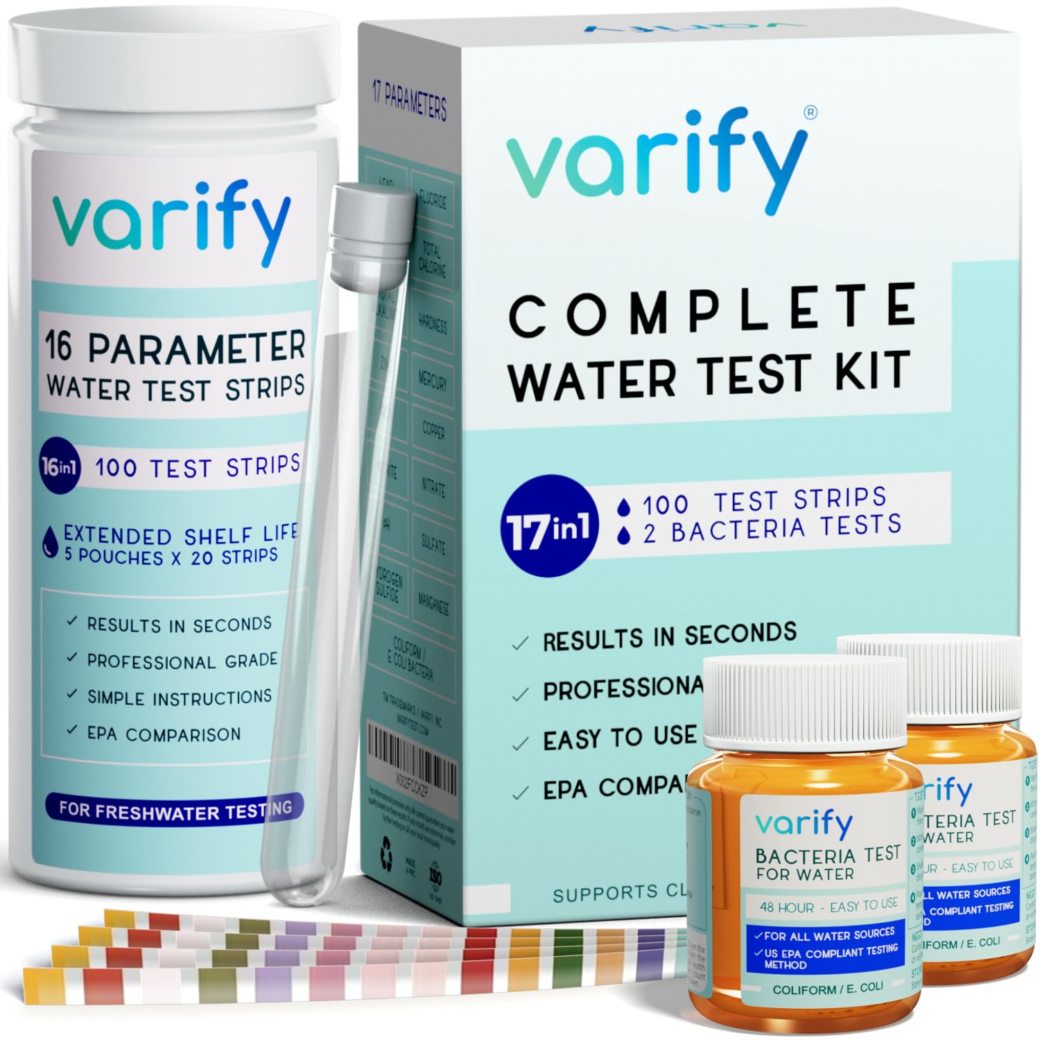 Varify 17in1 Complete Drinking Water Test Kit - 100 Strips + 2 Bacteria Tester Kits - Well, Tap, Home, City Water Testing Strip for Lead, Alkaline, Chlorine, Hardness, Iron, Fluoride, Copper & More VARIFY uk supplements