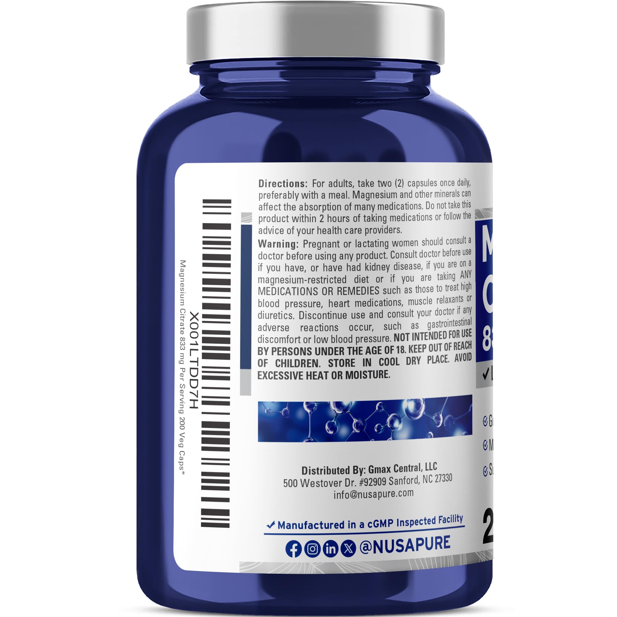 NusaPure Magnesium Citrate 833mg - 200 Veggie Capsules (Vegetarian, Non-GMO, Vegan) NusaPure uk supplements