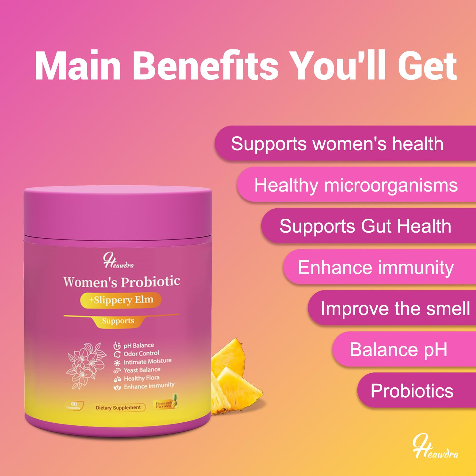 Her Juicy Women's Probiotic Gummies: Supports Women’s Wellness & pH Balance, Clean Vegan, Pineapple Flavor, Prebiotics & Lactobacillus Blend, with Slippery Elm, Gut Health & Immune Defense, 60 Gummies Heawdra uk supplements