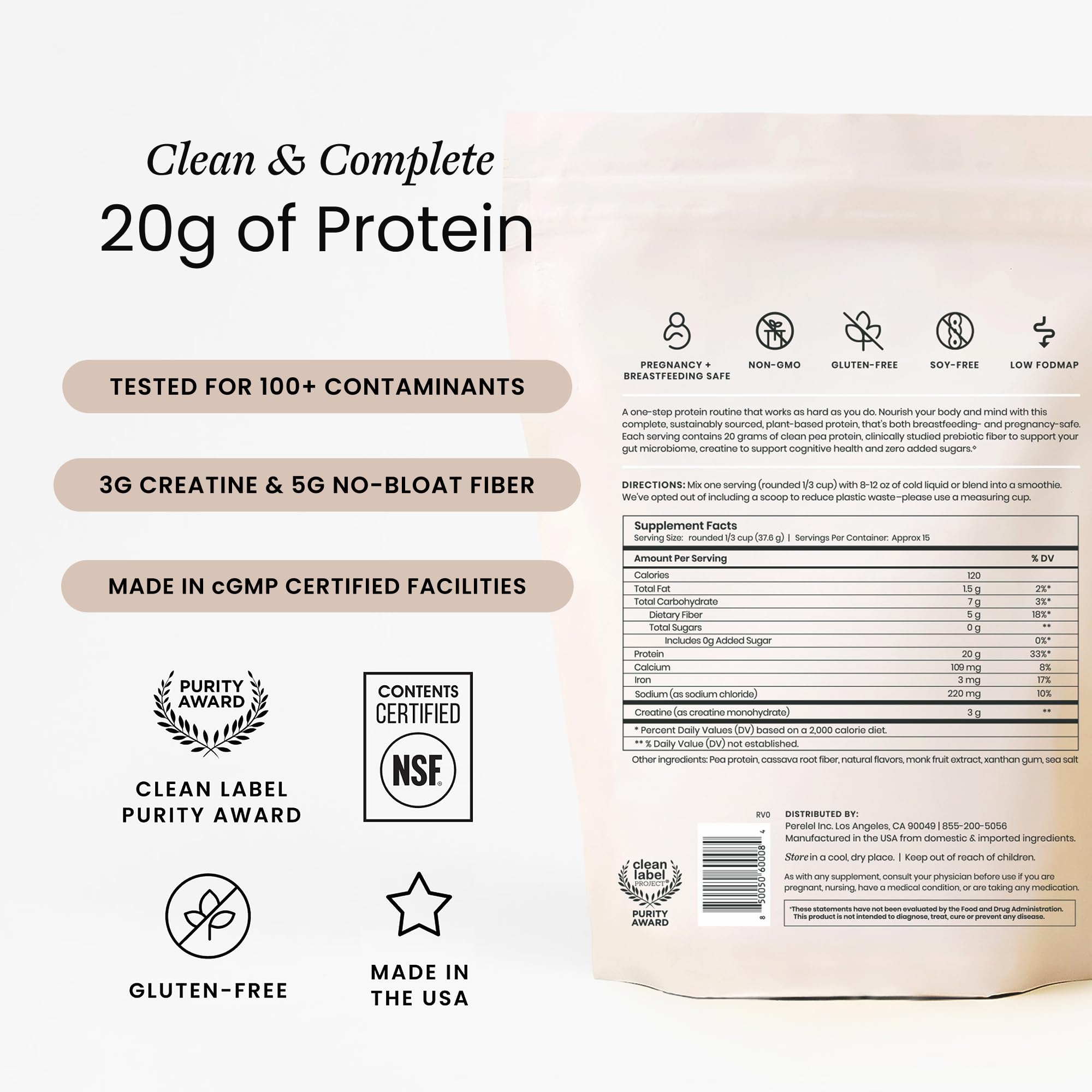 Perelel Triple-Support Plant Based Protein Powder, Creamy Vanilla, 20g Vegan Protein Powder, 3g Creatine Monohydrate, & 5g Prebiotic Fiber per Serving, Dairy Free, Perelel uk supplements