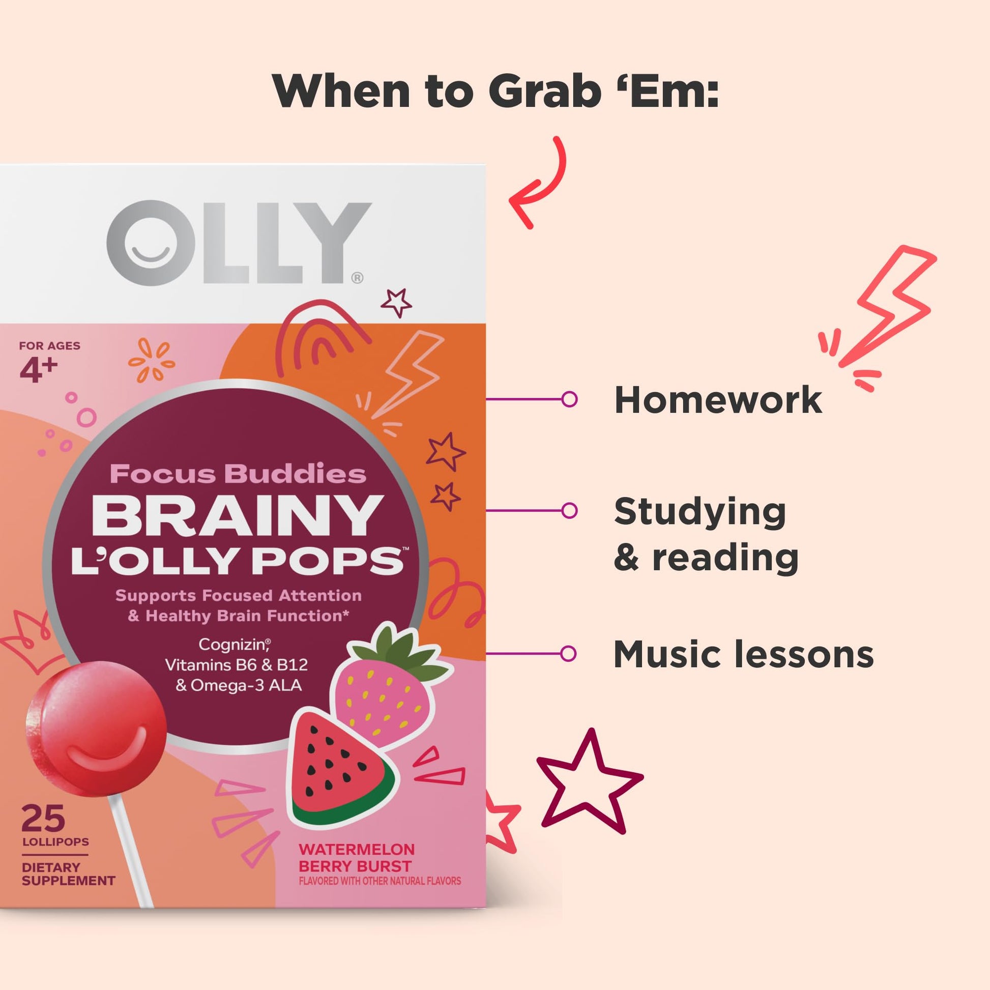 OLLY Focus Buddies L’OLLY Pops, Cognizin, Vitamins B6 and B12, Omega-3 ALA, Supports Focused Attention and Healthy Brain Function,* Kids 4+ Dietary Supplement, Watermelon Strawberry Flavored, 25 Count OLLY uk supplements