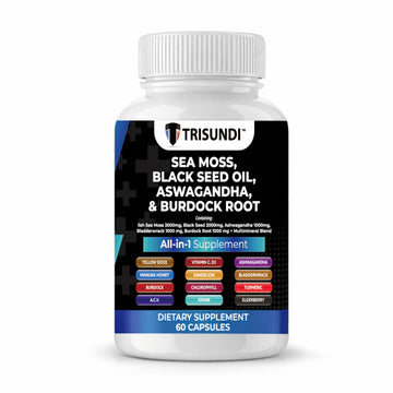 Trisundi Sea Moss Complex with Black Seed Oil, Ashwagandha & Burdock Root – All-in-One Herbal Supplement with Vitamins & Minerals – 60 Capsules Trisundi uk supplements