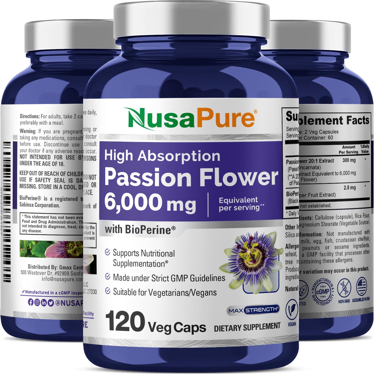 NusaPure Passion Flower 20:1 Extract, 300 mg Equivalent to 6,000mg, 120 Veggie Caps, Non-GMO, Bioperine, & Vegan Extract Supplement NusaPure uk supplements
