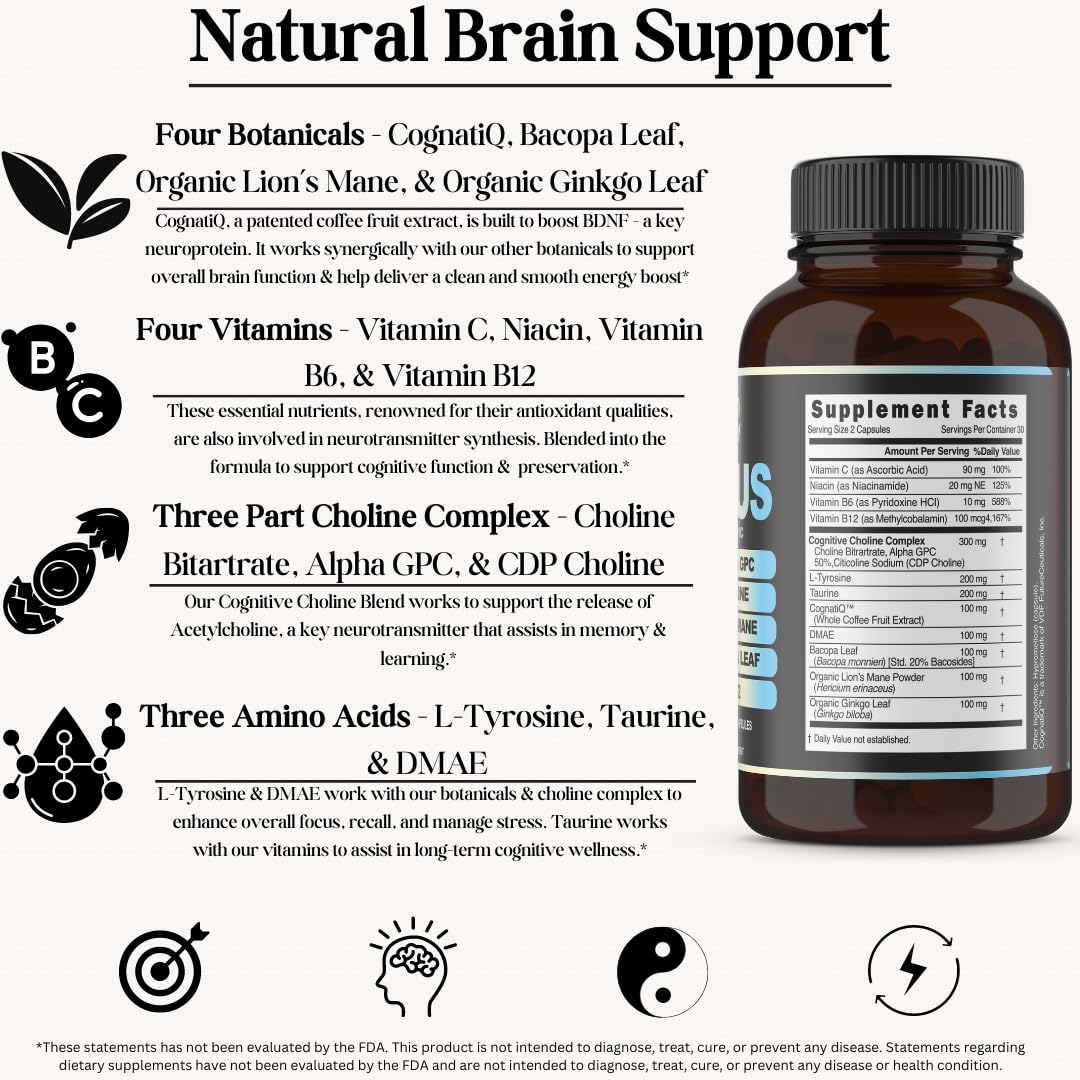 Inner Bounty Focus 14-in-1 Nootropic Brain Supplement with Lions Mane, Alpha GPC Choline, Vitamin C & B12, Taurine, Bacopa - Energy, Cognitive, Memory Support, 60 Filler Free Capsules Inner Bounty uk supplements