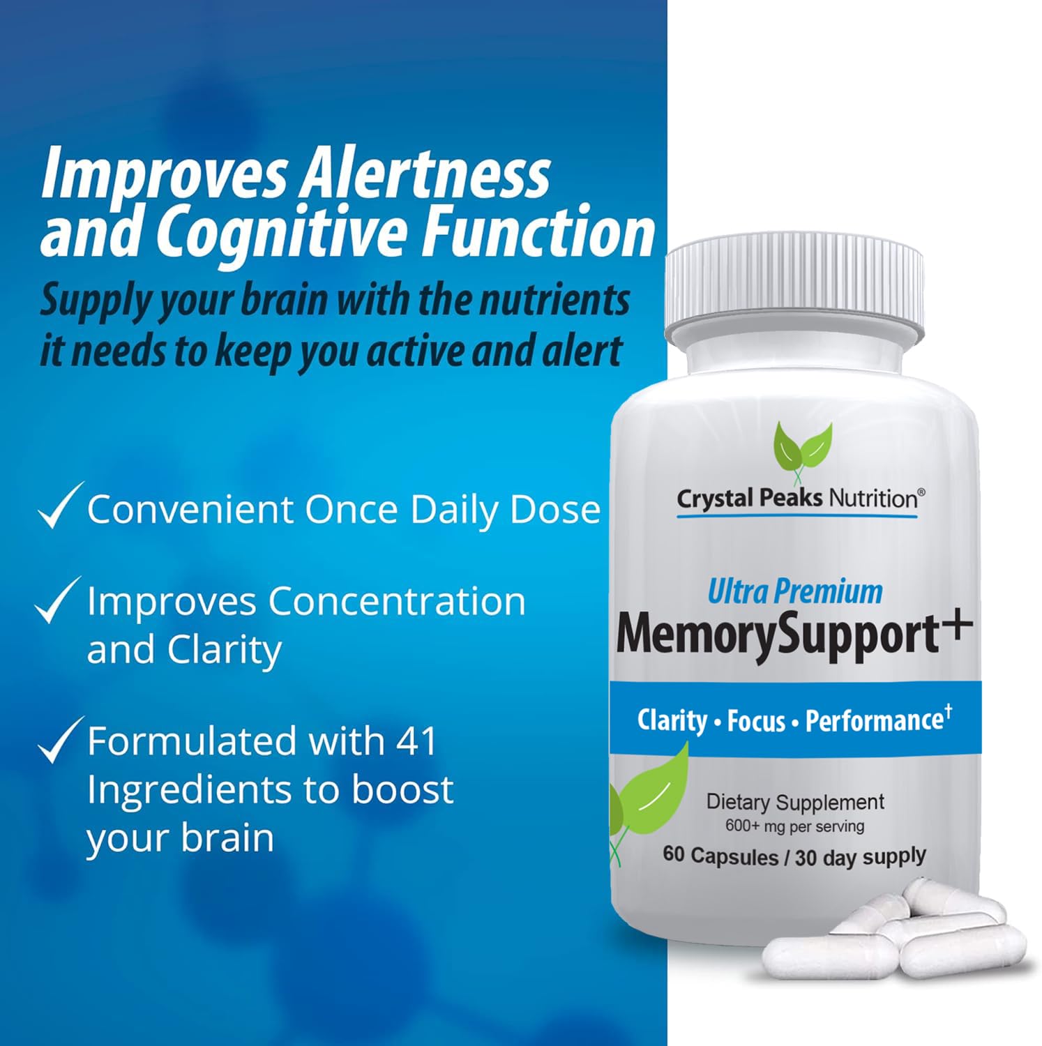 Memory Boost + Brain Support Supplement – Nootropic for Focus, Concentration, Memory. Enhanced Energy, Recall and Alertness - 60 Capsules/30-day Supply. CRYSTAL PEAKS NUTRITION uk supplements