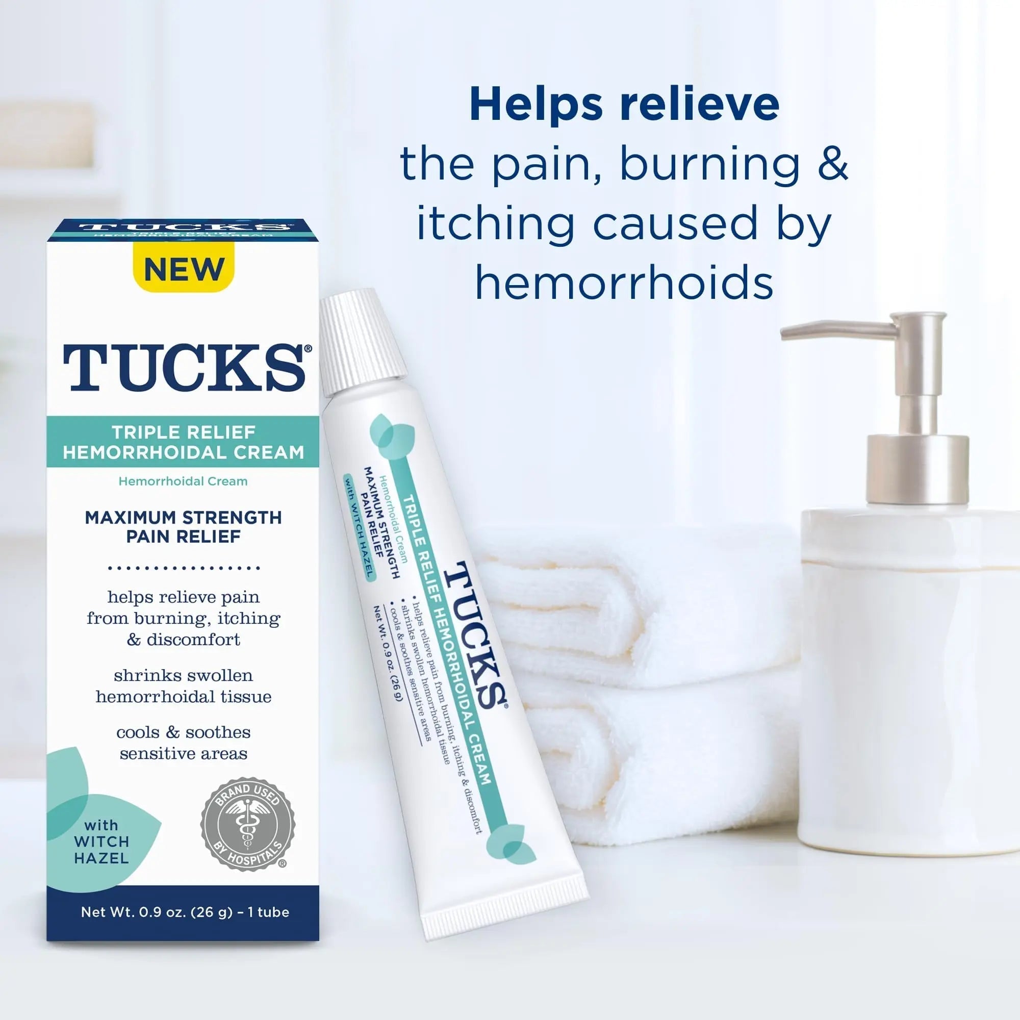 Tucks Triple Relief Hemorrhoidal Cream, Maximum Strength Pain Relief from Burning, Itching and Discomfort, with Witch Hazel, Treatment, Brand Used by Hospitals, 0.9oz. (26g) TUCKS uk supplements
