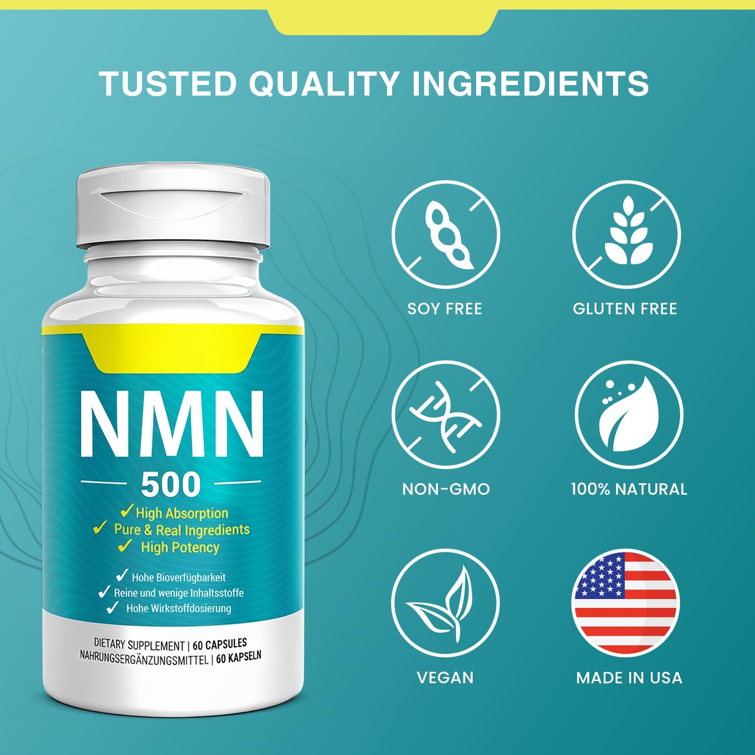 Vegan NMN Supplement 500mg, Higher Absorption - 99% Pure NMN (Nicotinamide Mononucleotide)for NAD+, Cellular Energy Immune Muscle, Anti-Aging & Longevity, Stabilized NMN - 60 Capsules (60 Days Supply) Nivantav uk supplements