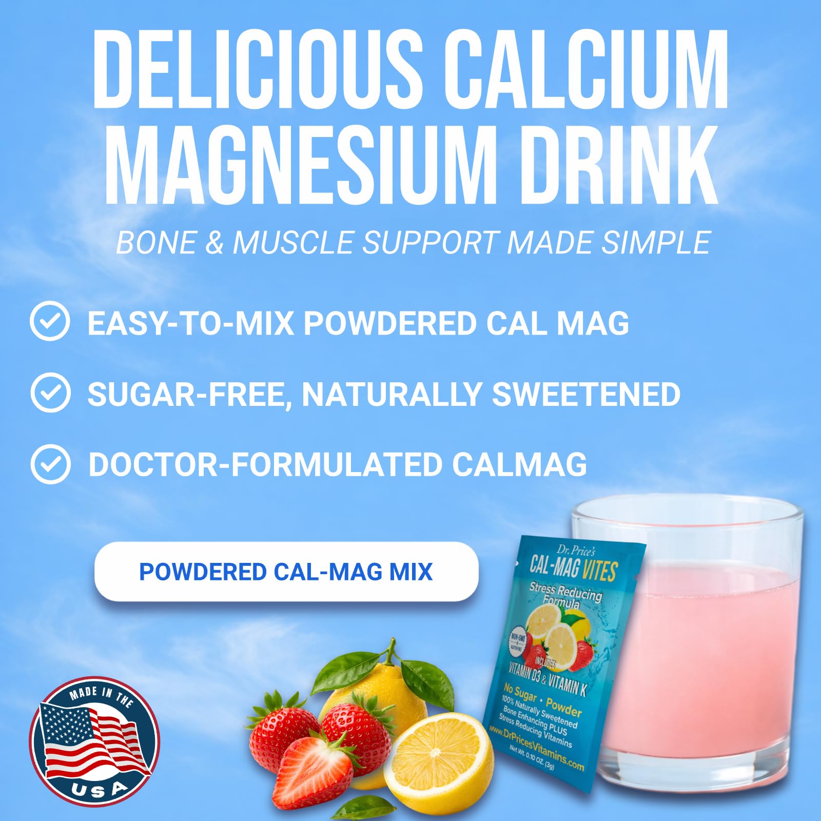 Dr. Price’s Cal-Mag Vites – Strawberry Lemon, 30 Packs | Calcium Magnesium Powder Packets + Vitamin D3, K & Boron | Calming Bone & Muscle Support for Kids & Adults | Doctor-Formulated, Made in USA Dr. Price's Vitamins uk supplements