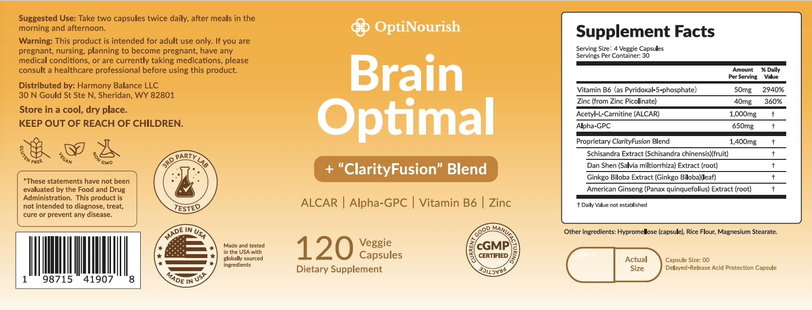 OPTINOURISH Brain Supplement for Memory and Focus, Nootropic for Adults, Fuel Brain Energy & Mental Clarity, Caffeine Free,Cognitive Support, Doctor-Formulated, Made in USA,cGMP,120 Caps OPTINOURISH uk supplements