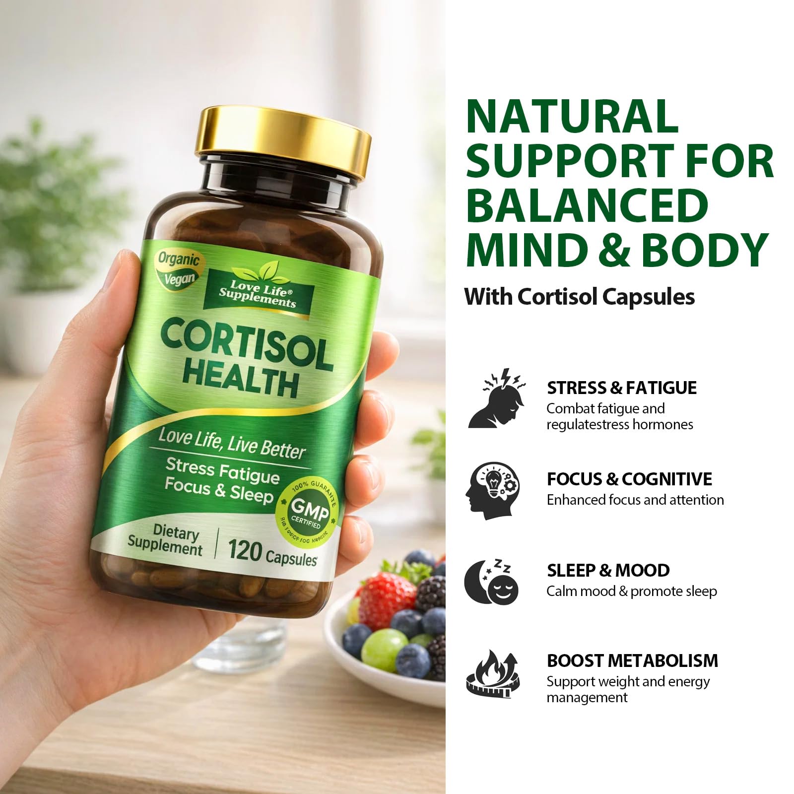 Cortisol Supplements for Women/Men, Advanced Stress & Cortisol Support with Ashwagandha & Rhodiola Rosea, Promotes Relaxation, Mood, Focus, and Restful Sleep for Men and Women, 120 Capsules Love Life Supplements uk supplements