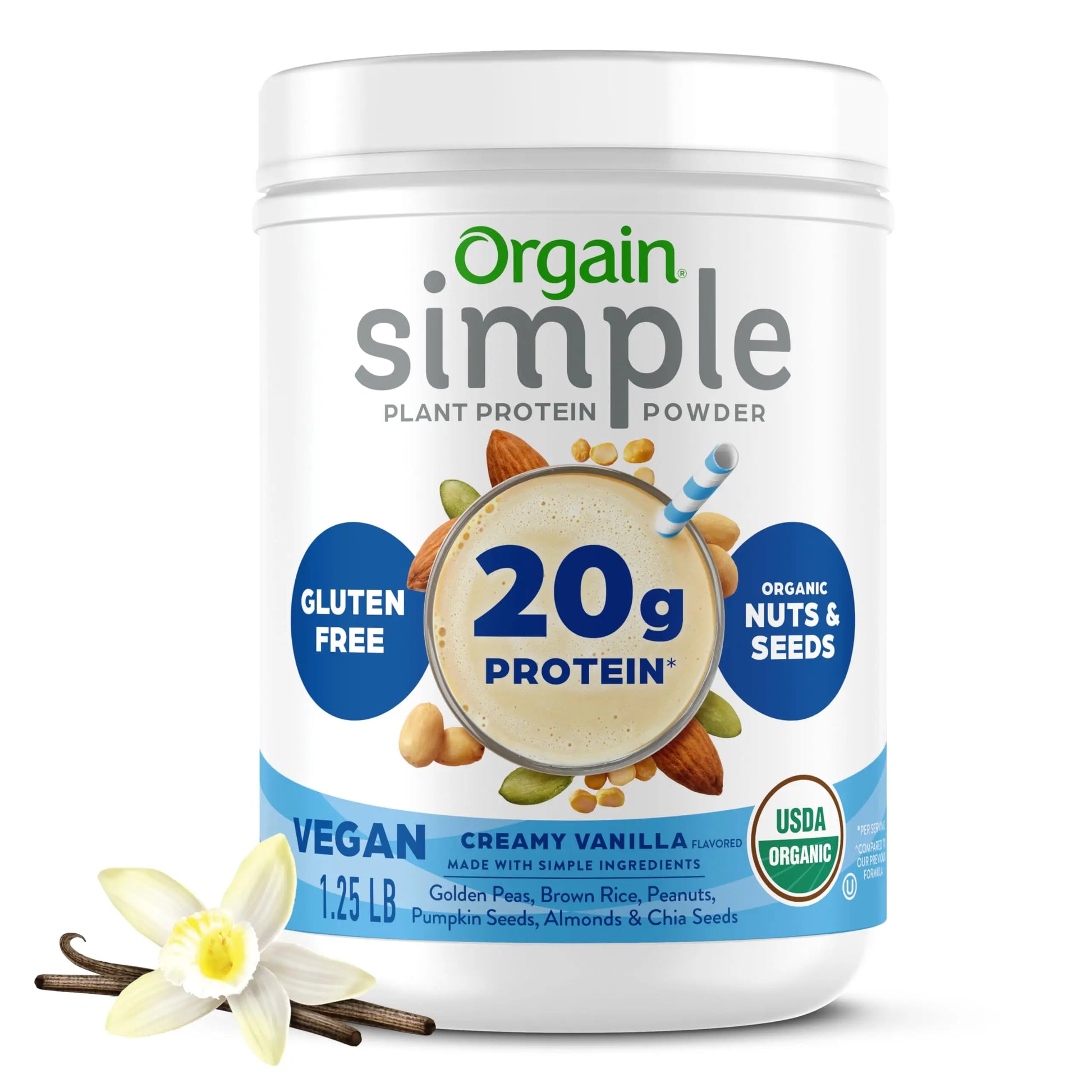 Orgain Organic Simple Vegan Protein Powder, Vanilla - 20g Plant Based Protein, Made with less Ingredients, No Artificial Sweeteners, Gluten Free, No Dairy or Lactose, 1.25 lb (Packaging May Vary) Orgain uk supplements