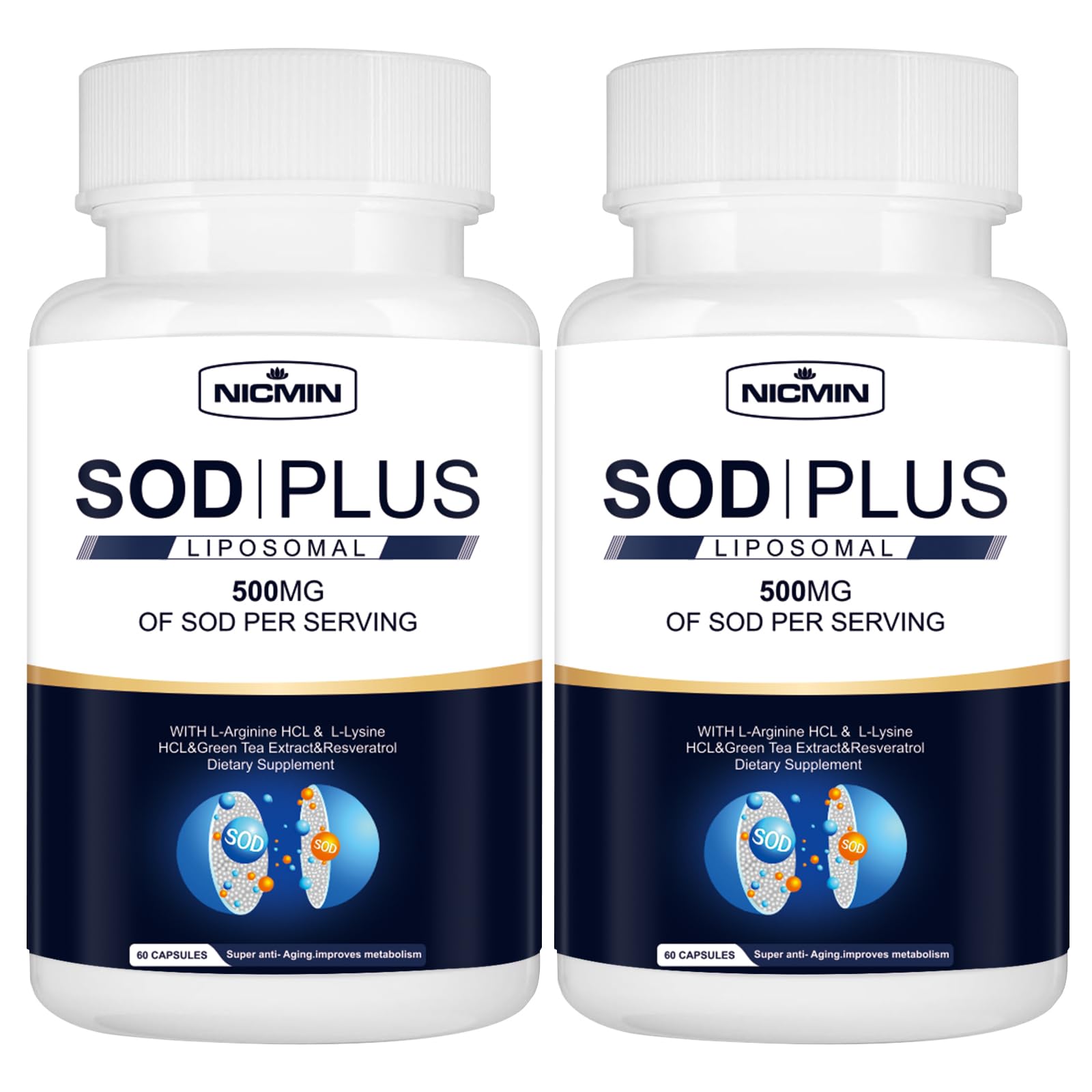 NICMIN 500MG Superoxide Dismutase Supplement - SOD Plus with Liposomal Glutathione, AKG, Green Tea Extract, L-Arginine, Lysine, Resveratrol and Vitamin E for Immune Support, Antioxidant 120 Capsules NICMIN uk supplements