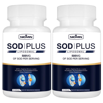 NICMIN 500MG Superoxide Dismutase Supplement - SOD Plus with Liposomal Glutathione, AKG, Green Tea Extract, L-Arginine, Lysine, Resveratrol and Vitamin E for Immune Support, Antioxidant 120 Capsules NICMIN uk supplements