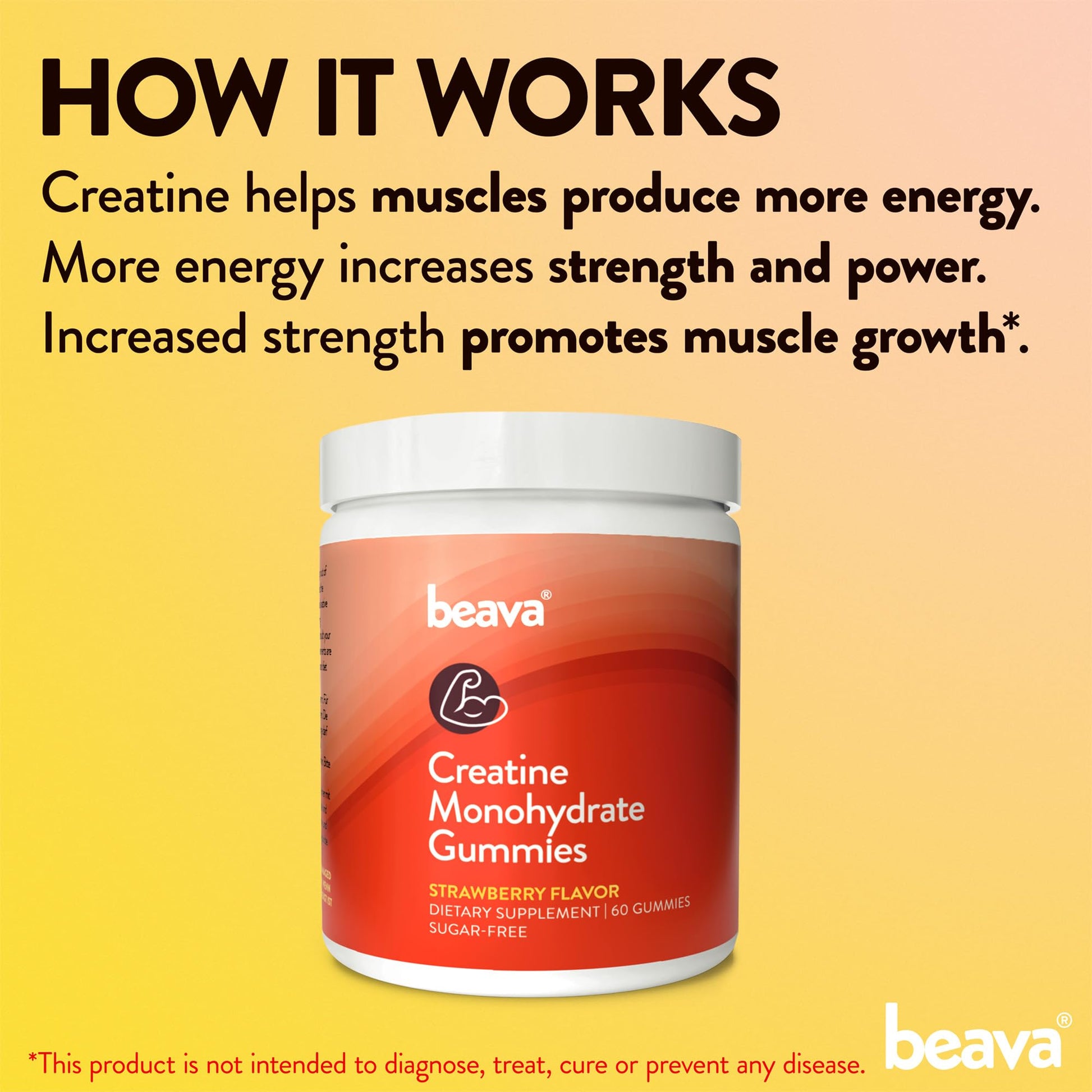 Creatine Monohydrate Gummies - 30 Servings - Vegan Creatine Chews for Muscle Growth, Muscle Recovery, Workout Recovery, Anaerobic Endurance - No Loading Phase - No Bloating - Strawberry - No Sugar beava uk supplements