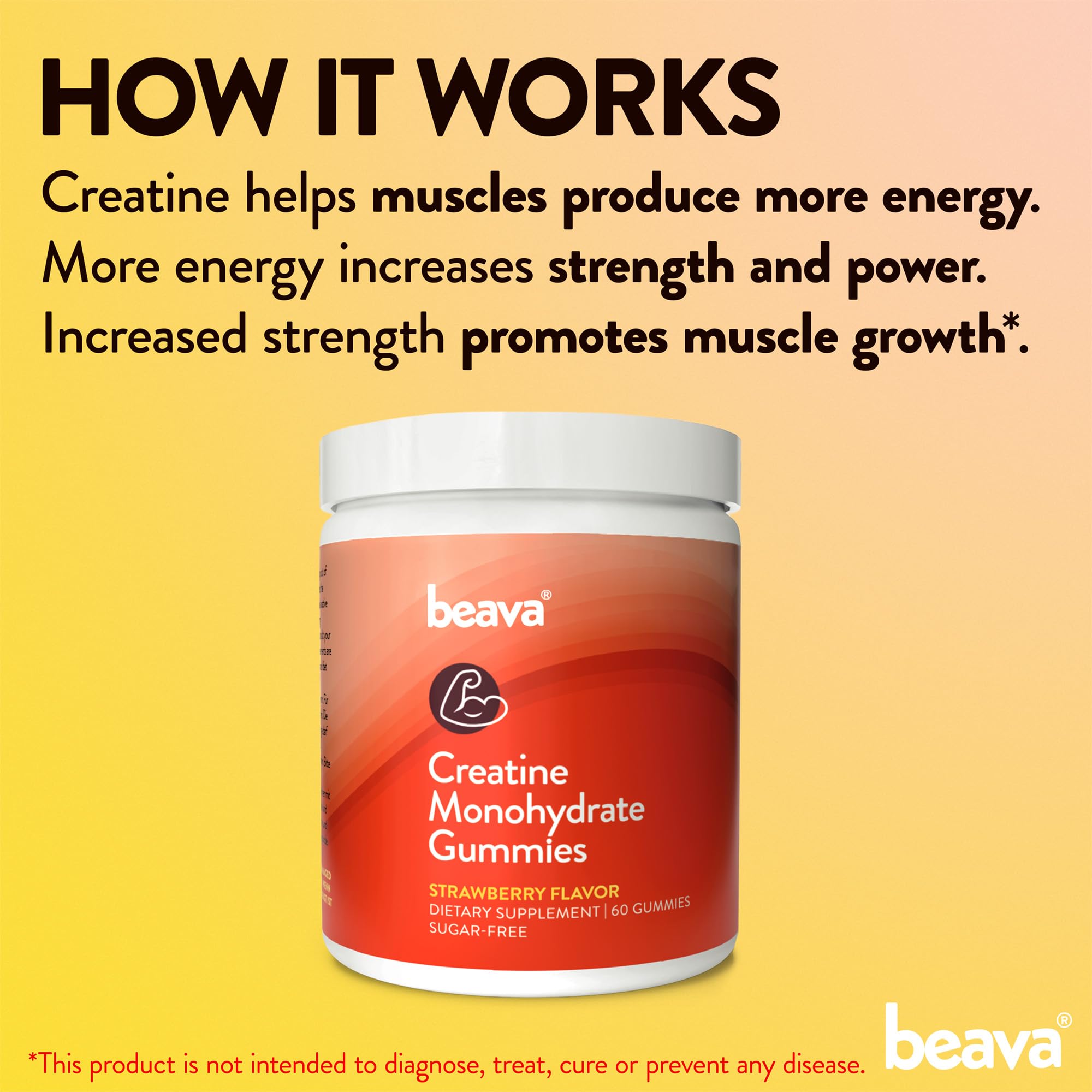 Creatine Monohydrate Gummies - 30 Servings - Vegan Creatine Chews for Muscle Growth, Muscle Recovery, Workout Recovery, Anaerobic Endurance - No Loading Phase - No Bloating - Strawberry - No Sugar beava uk supplements