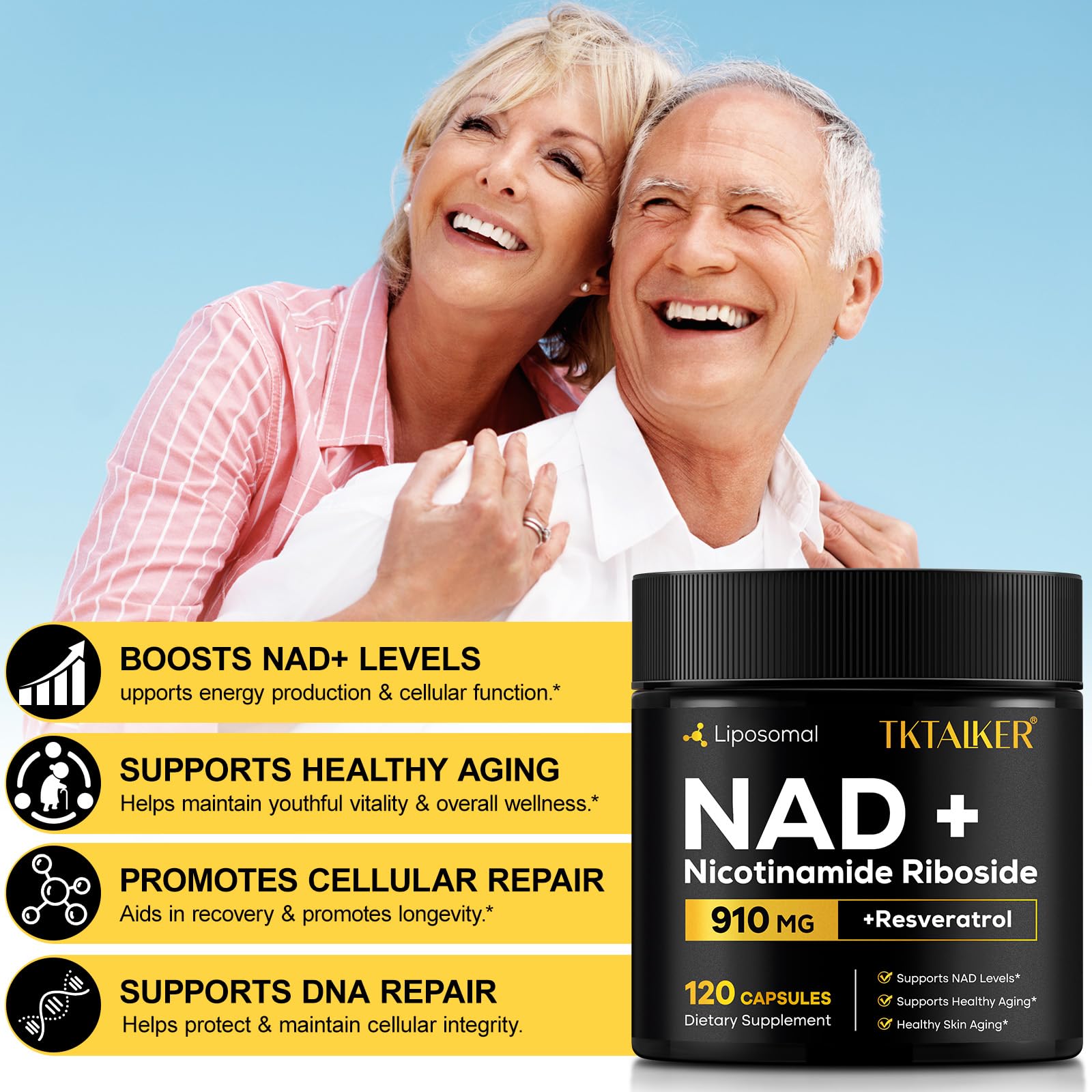 TKTALKER NAD Supplement, 910MG Liposomal Nicotinamide Riboside with Resveratrol & Quercetin, Anti-Aging, Cellular Energy, Mental Focus & Stamina & Healthy, Women & Men, 120 Capsules TKTALKER uk supplements