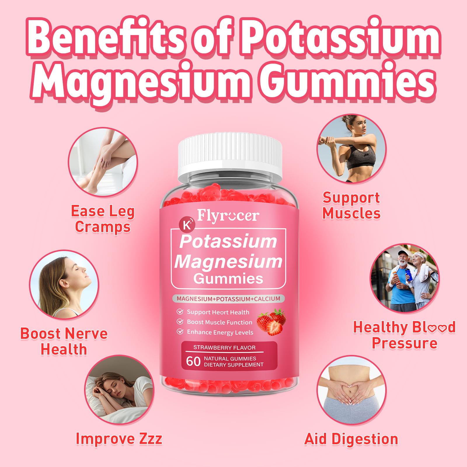 2 Pack Potassium Magnesium Gummies for Men & Women, Potassium Magnesium Supplement for Leg Cramps, Muscle Health, & Electrolyte Balance, Strawberry Flavor, 120 Gummies Flyrocer uk supplements