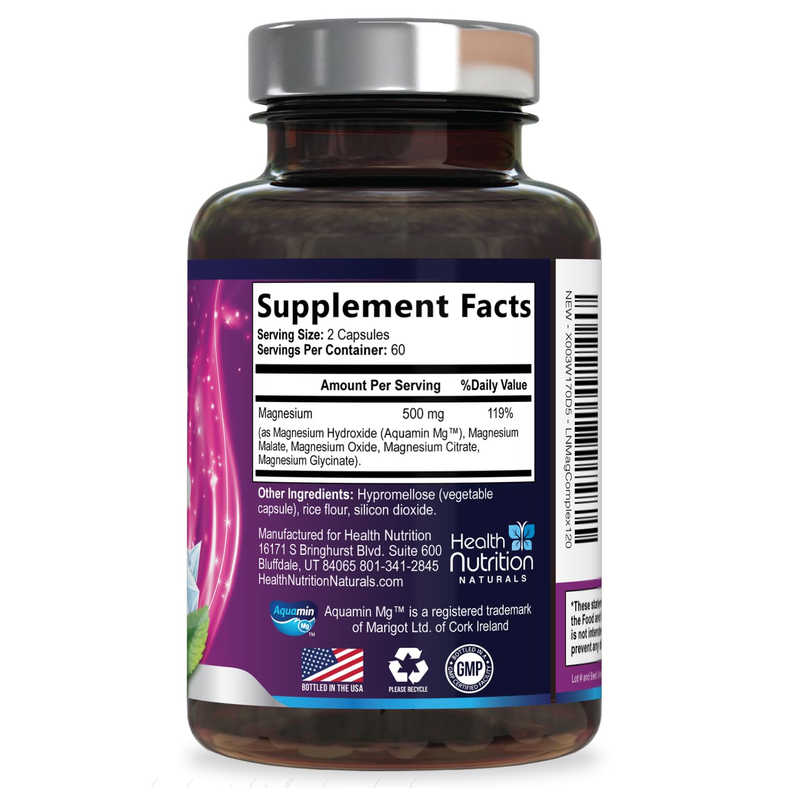 Magnesium Complex Capsules - 500mg per Serving Magnesium - High Absorption Chelated Mineral Supplement - with Oxide, Glycinate, Malate, Citrate for Muscle Bone and Heart Health Support - 120 Capsules Health Nutrition Naturals uk supplements