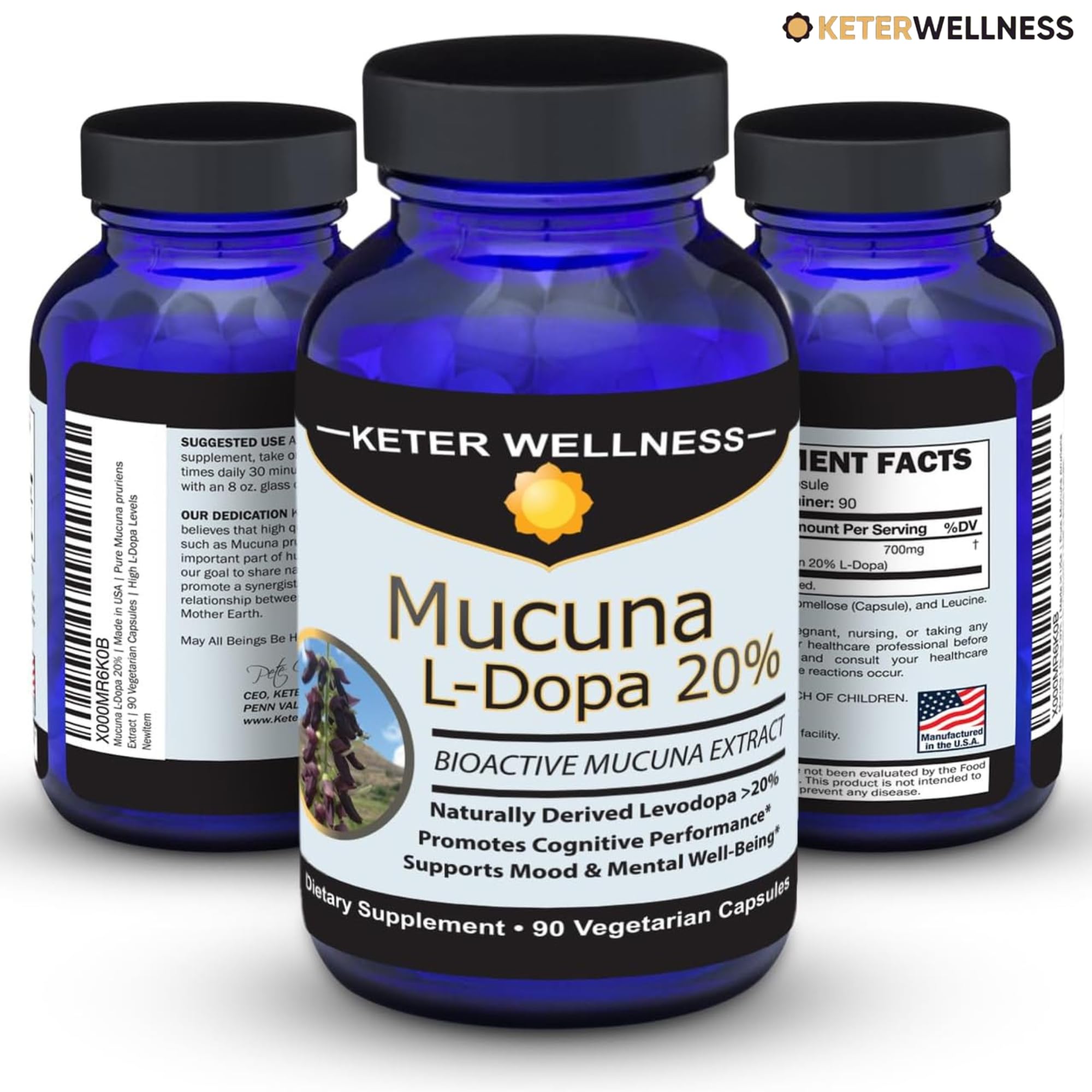 Mucuna Pruriens 20% L-Dopa – Standardized Velvet Bean Extract for Natural Dopamine, Focus & Mood Support – Pure 8:1 Concentrated Herbal Supplement – Vegan, Non-GMO, 90 Capsules Keter Wellness uk supplements