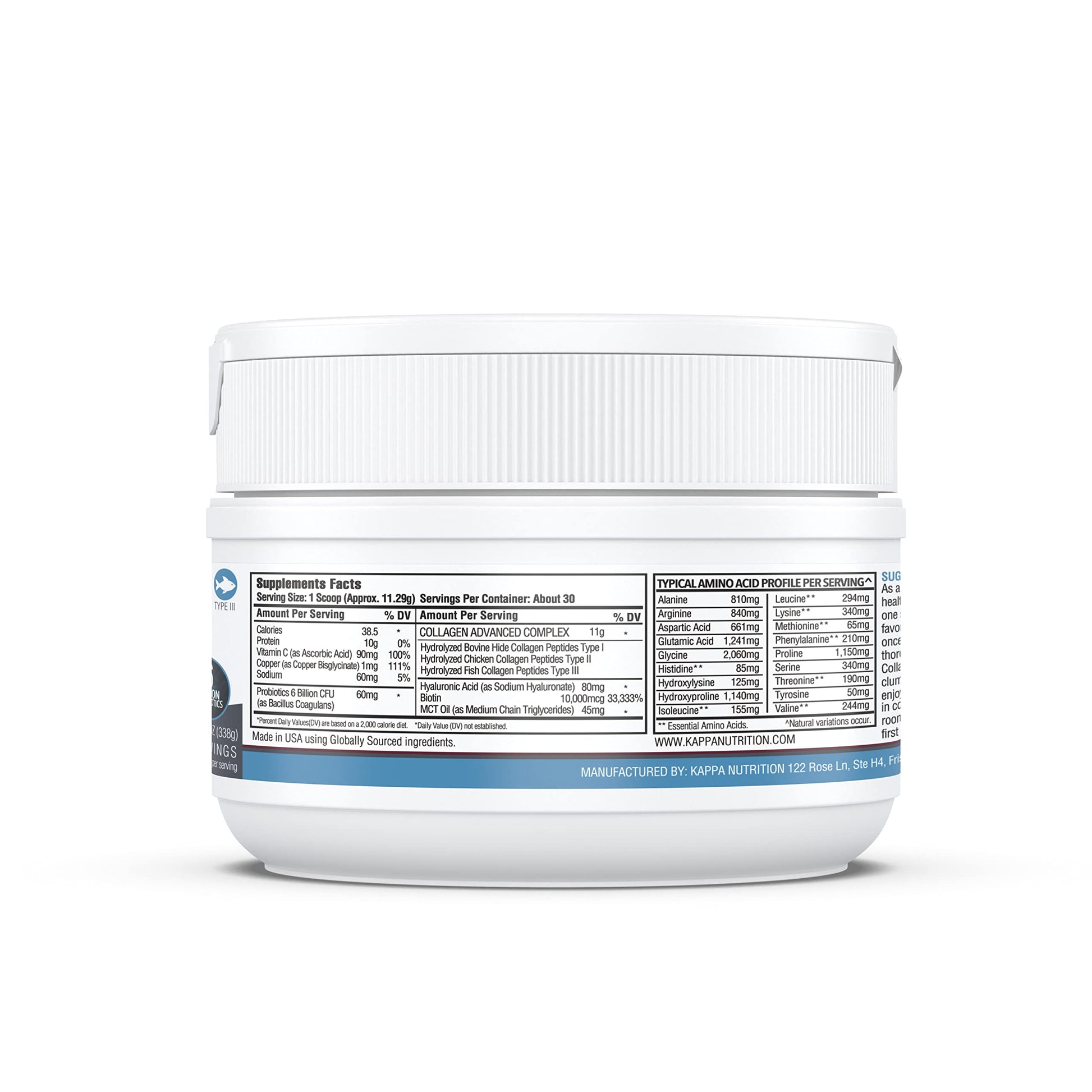 KAPPA NUTRITION Collagen Type I, II, III, 6 Billion Probiotic Acid Resistance, Hyaluronic Acid, Vitamin C, Biotin, Copper and MCT Oil, Beautiful Hair, Nails, & Skin, Collagen Peptides 9 in 1 (11.9oz) KAPPA NUTRITION uk supplements