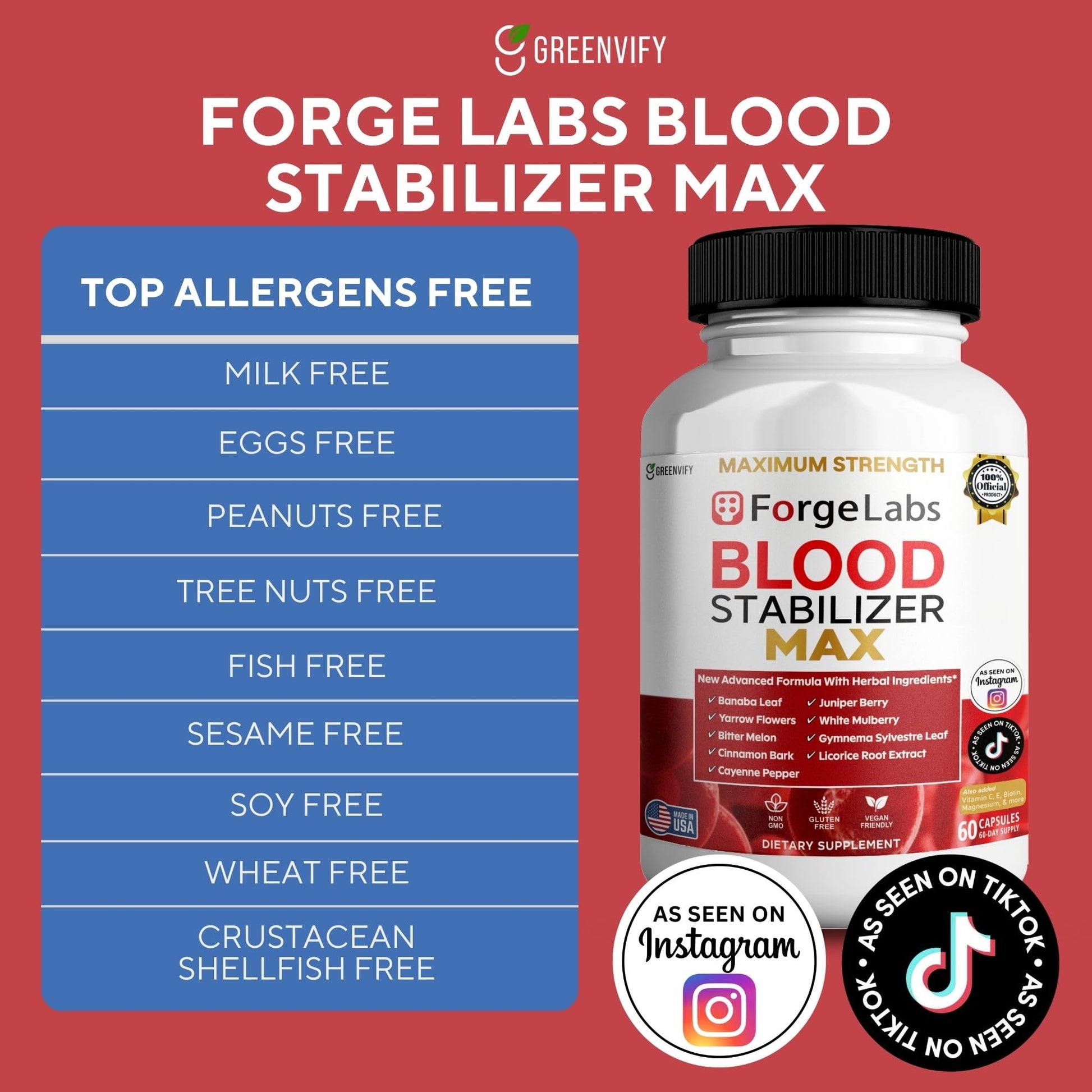 GREENVIFY ForgeLabs Blood Stabilizer Max, Maximum Strength Dietary Supplement, 60 Veggie Capsules, with Banaba Leaf, Juniper Berry, White Mulberry. (1) GREENVIFY uk supplements