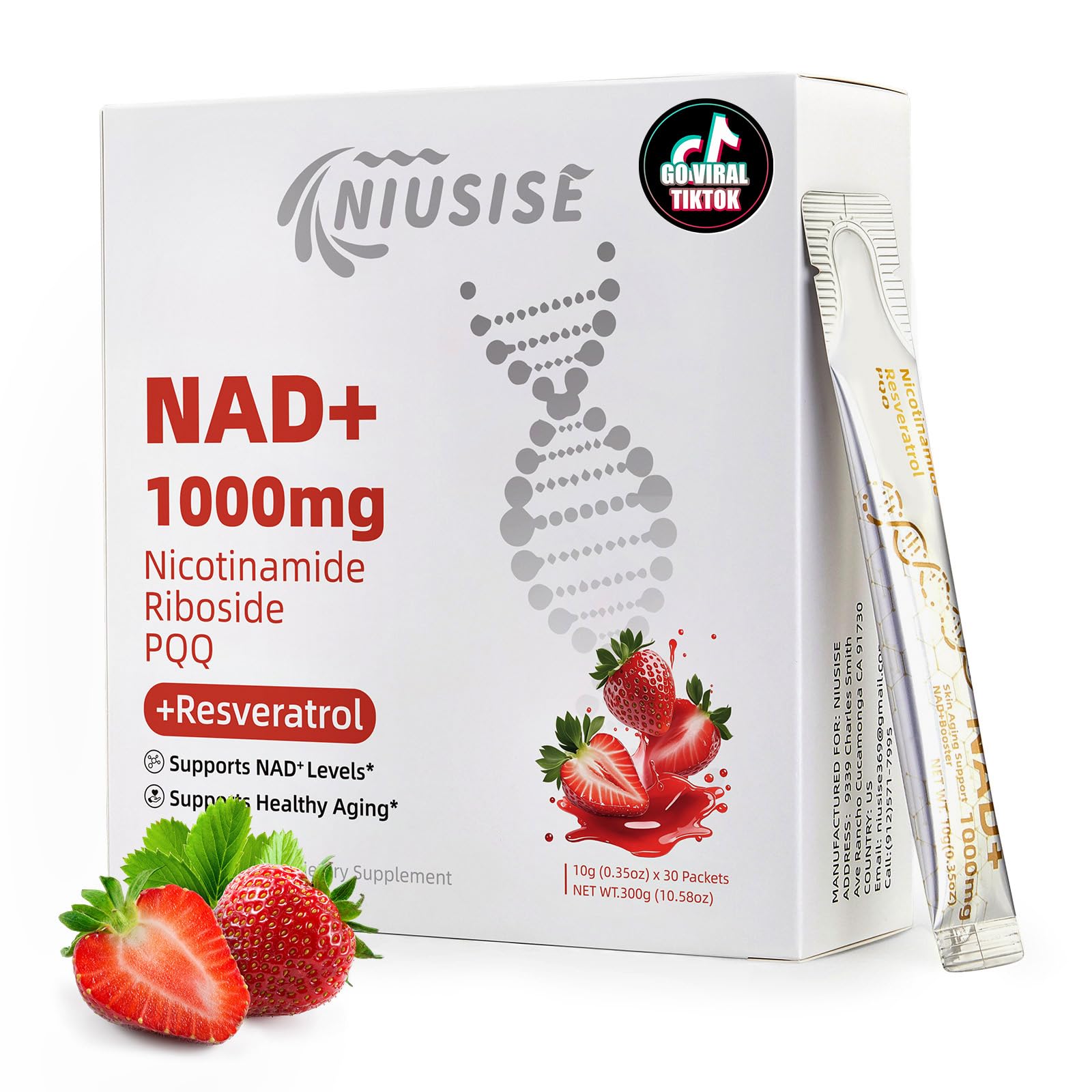 NIUSISE NAD Supplement, NAD+ Liquid, 1000mg Enhanced Formula with PQQ, Nicotinamide Riboside & Resveratrol, Advanced Anti-Aging Support for Men & Women, Sustained Energy, Vitality Boost (30 Packets) NIUSISE uk supplements