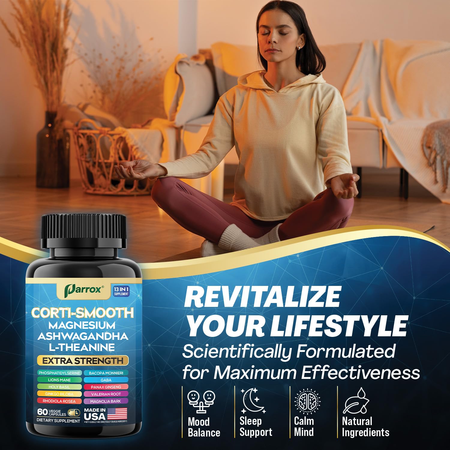 Parrox Corti-Smooth Cortisol Supplement Magnesium, L-Theanine, Ashwagandha, Phosphatidylserine, Valerian Root, Lions Mane, Bacopa Monnieri, Ginkgo Biloba, Panax Ginseng, Magnolia Bark, GABA (60 Caps) Parrox uk supplements