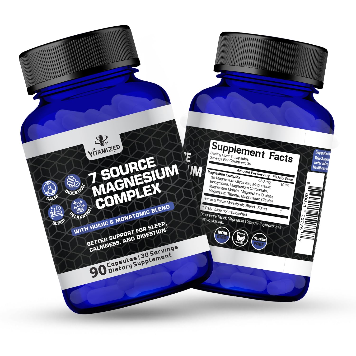 Magnesium Complex for Sleep, Relaxation, Digestion & Calm – Magnesium Glycinate, Citrate, Bisglycinate, Carbonate, Malate, Orotate, Taurate, + Humic/Fulvic for High Absorption - 90 ct. VITAMIZED uk supplements