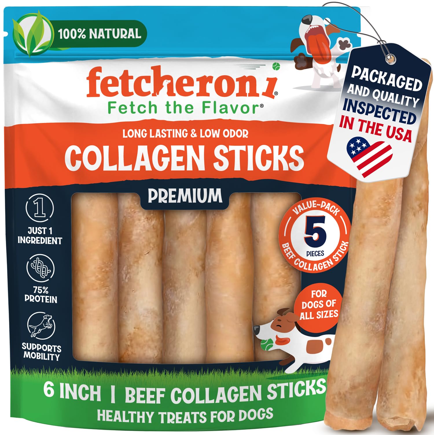 FETCHERONI 6" Collagen Sticks for Dogs – Low Odor Long-Lasting Bully Stick & Rawhide Alternative, Single Ingredient Beef Bone, High Protein Dental Treat, Vet Approved, Improves Joint Health – 5 Pack FETCHERONI uk supplements