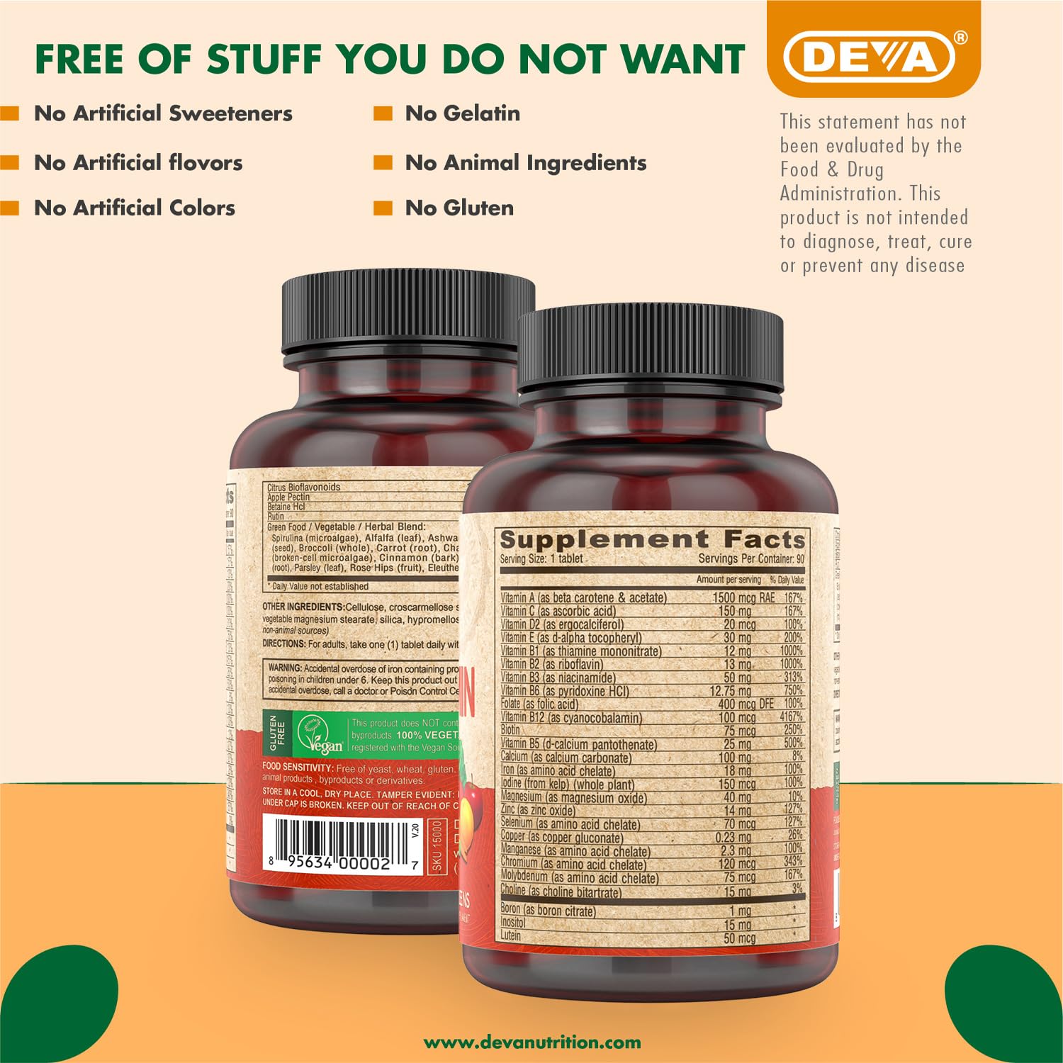 DEVA Vegan Multivitamin & Mineral Supplement with Iron 2-Pack, Spirulina, Chlorella, Ashwagandha, Broccoli & More, 90 Coated Tablets Each DEVA uk supplements