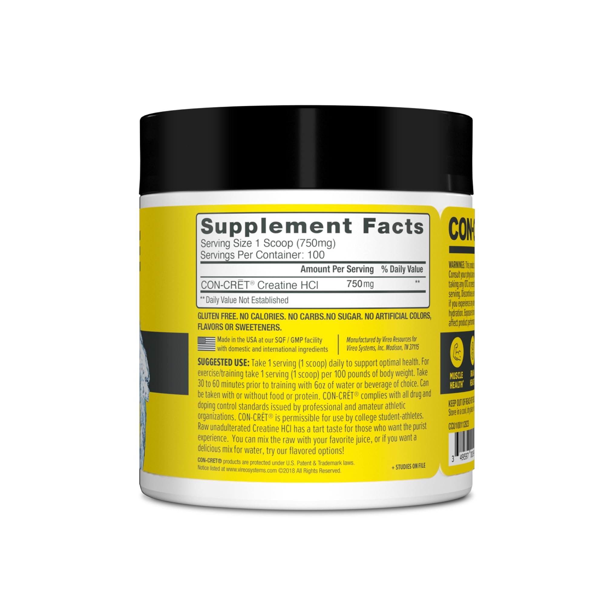 CON-CRET Creatine HCl Powder | Muscle, Cognitive, Cellular Energy Support | No Bloating or Cramps | USA Made & NSF Certified | Unflavored (100 Serving) CON-CRET uk supplements