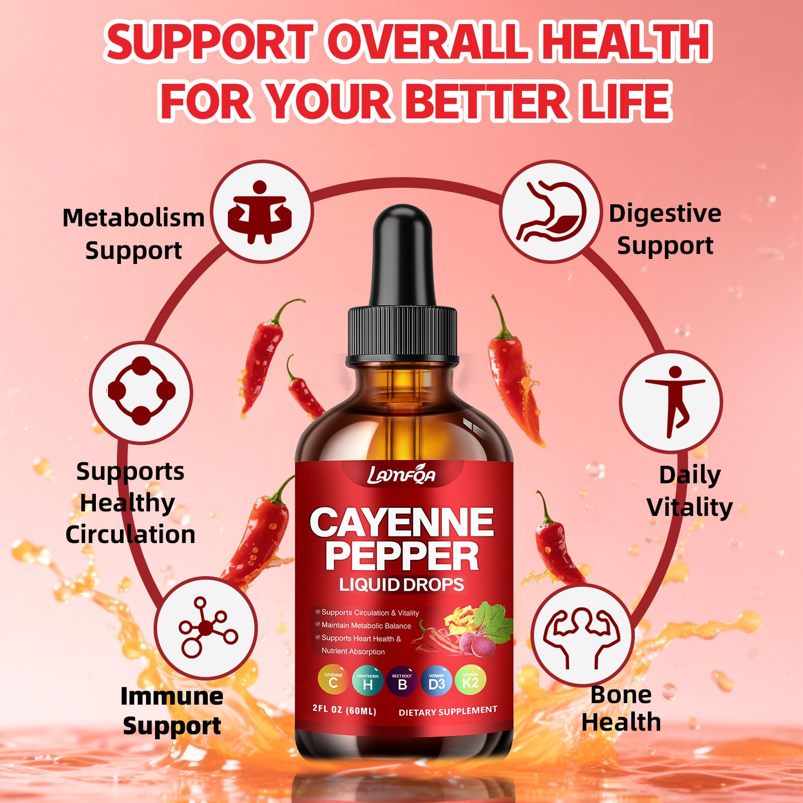 Cayenne Pepper Liquid Drops - Potent Blend with Hawthorn Berry, Turmeric Curcumin, Vitamin D3 K2, Beet Root & Panax Ginseng - Vegan, Non-GMO, High Absorbed Gentle Formula - 2 OZ LAMFQA uk supplements