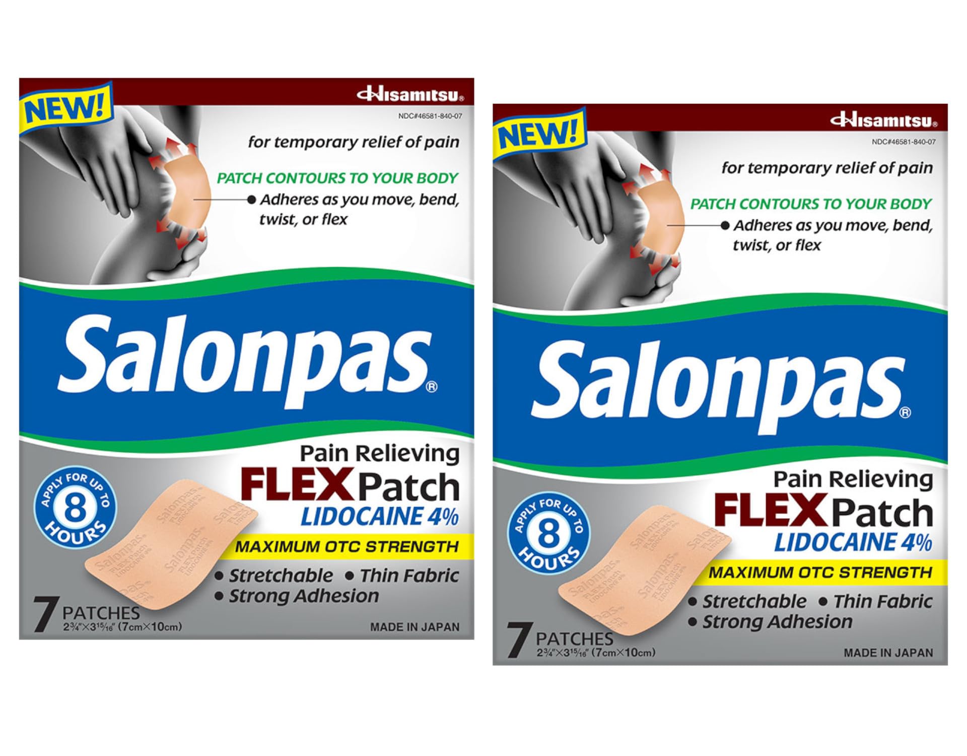 Salonpas Temporary Pain Relieving Flex Patch with Lidocaine 4%, Maximum OTC Strength, Stretchable Thin Fabric, Strong Adhesion, Contours to Body, Apply for Up to 8 Hours 7 ct (Pack of 2) Salonpas uk supplements
