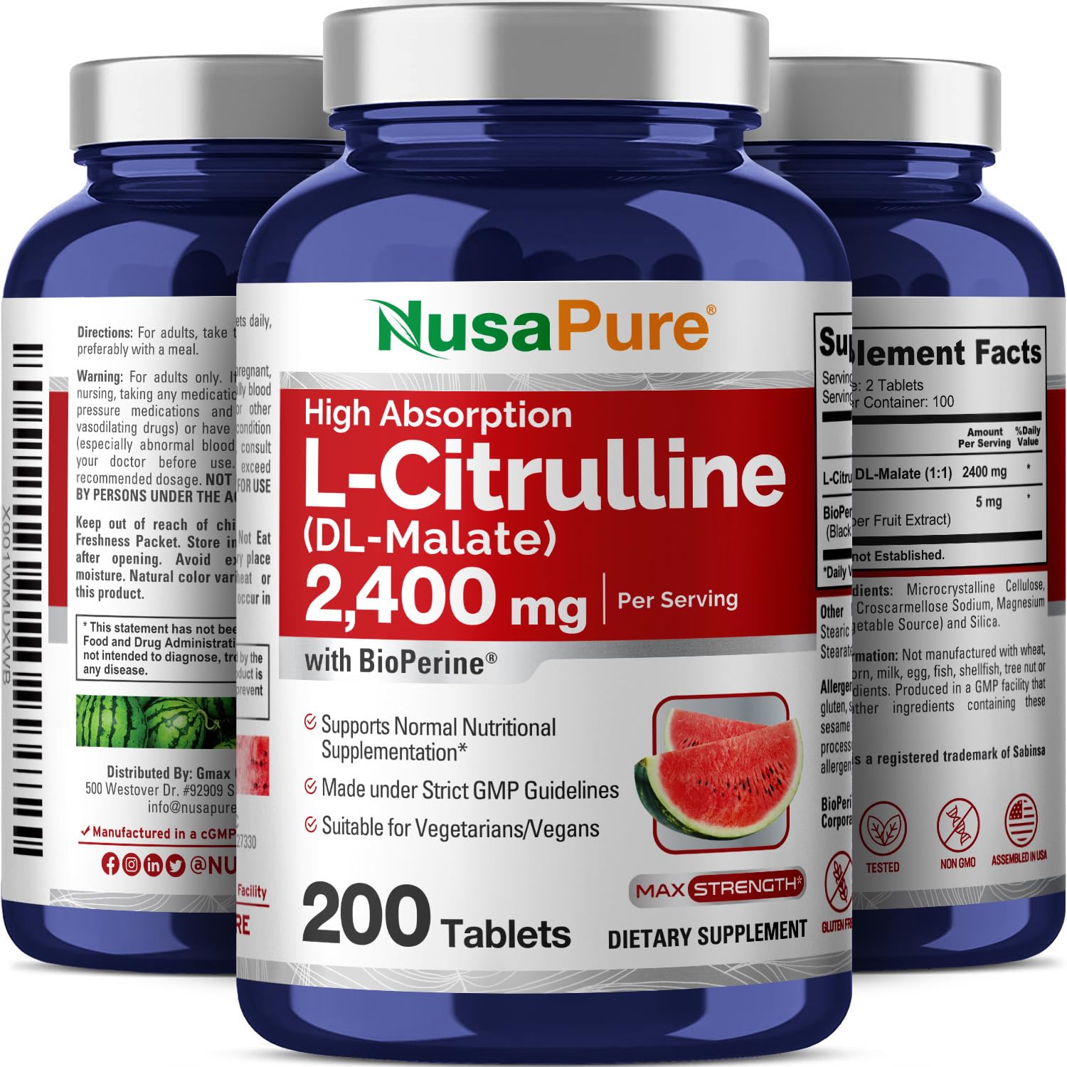NusaPure L-Citrulline 2,400mg 200 Vegetarian Tablets (Non-GMO, Gluten Free) NusaPure uk supplements