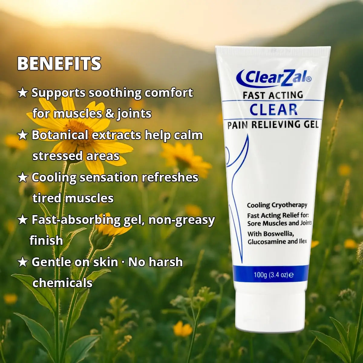 ClearZal Fast Acting Clear Pain Relieving Gel with Cooling Cryotherapy, Boswellia and Glucosamine for Sore Muscles and Joints, Soothing Cooling Gel 3.4 oz Clearzal uk supplements