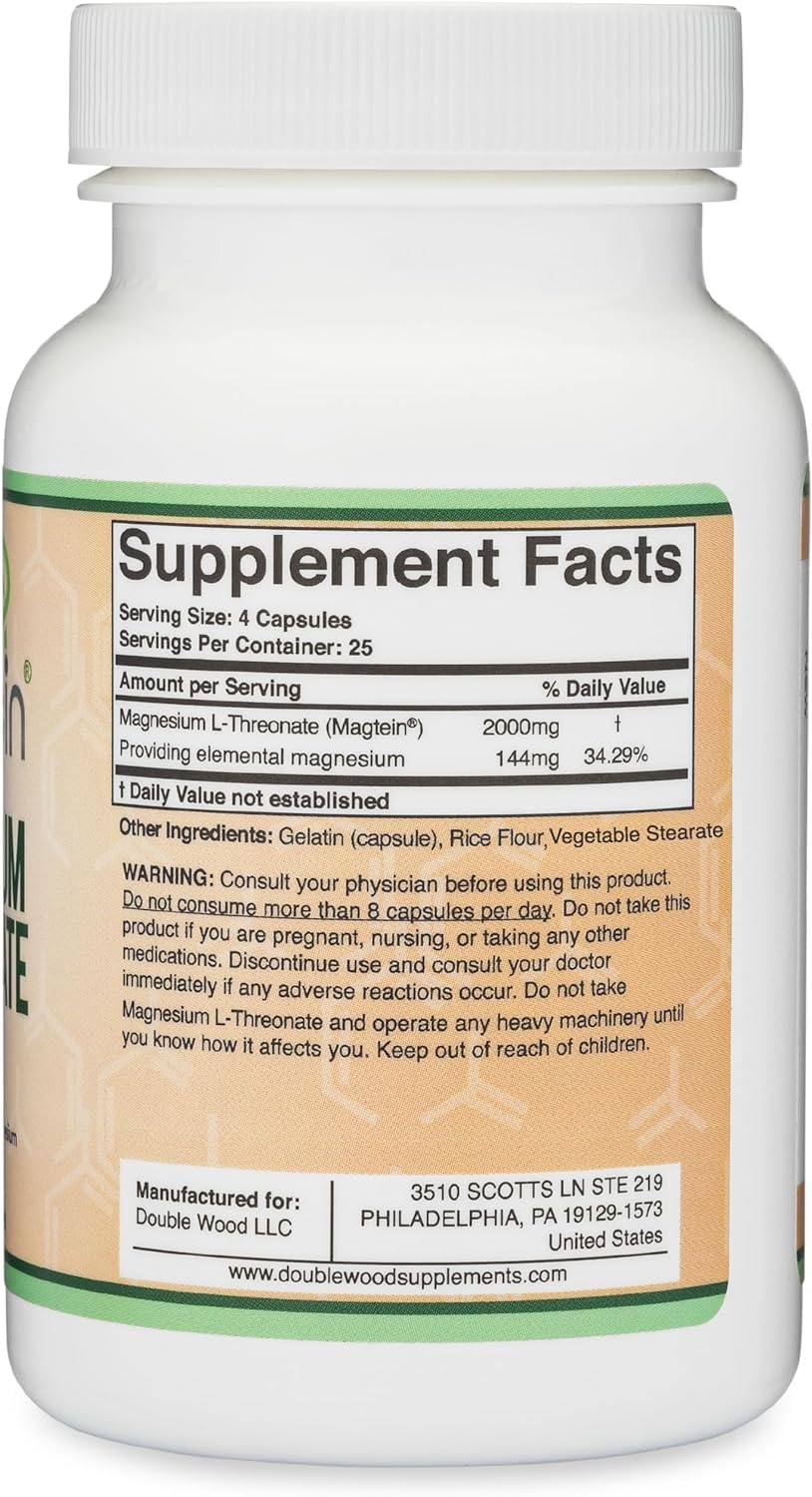 Magnesium L Threonate, Magtein - NSF Certified - Sleep and Cognitive Support – High Absorption – Most Bioavailable Form of Magnesium – 2,000 mg – 120 Capsules Double Wood Supplements uk supplements