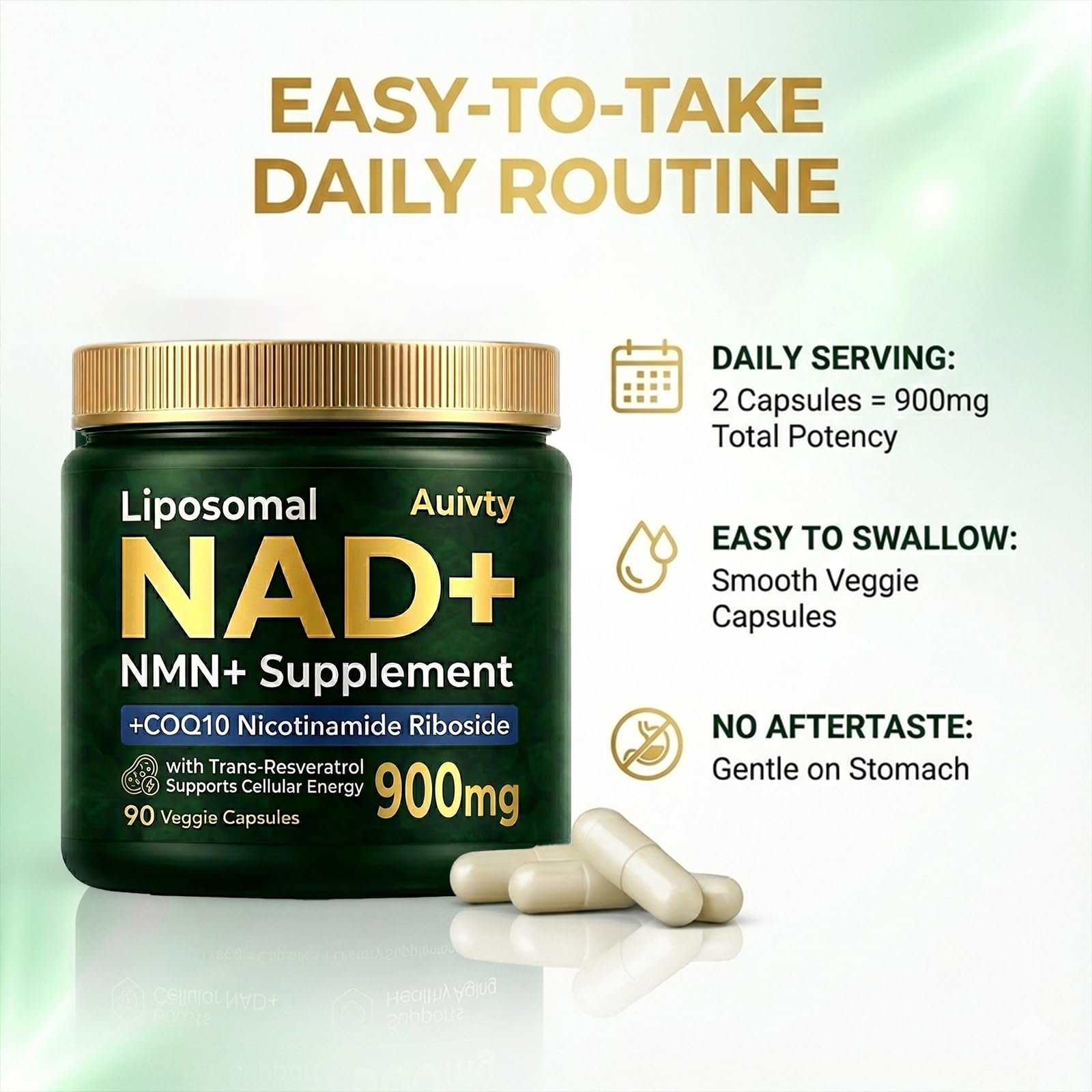 Auivty Liposomal NAD+ NMN Supplement with COQ10, Nicotinamide Riboside, Trans-Resveratrol, 900mg, 90 Veggie Capsules Auivty uk supplements