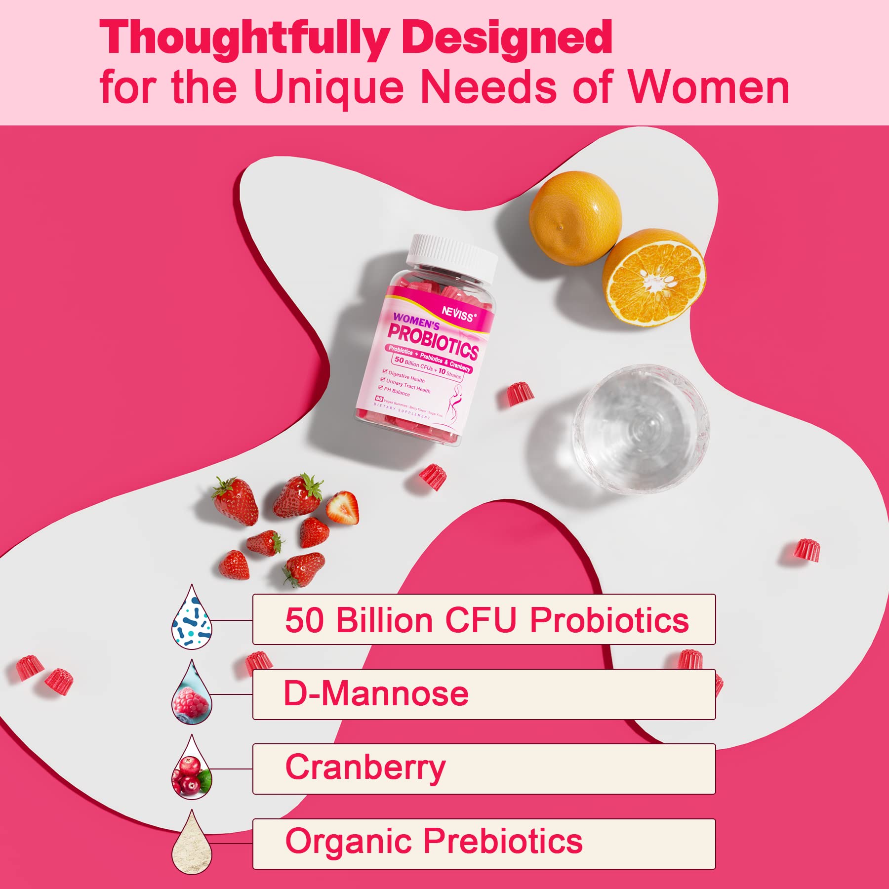 Probiotics for Women Gummies, Sugar Free Vaginal Probiotics 50 Billion CFU 10 Strains w/ Cranberry NEVISS uk supplements