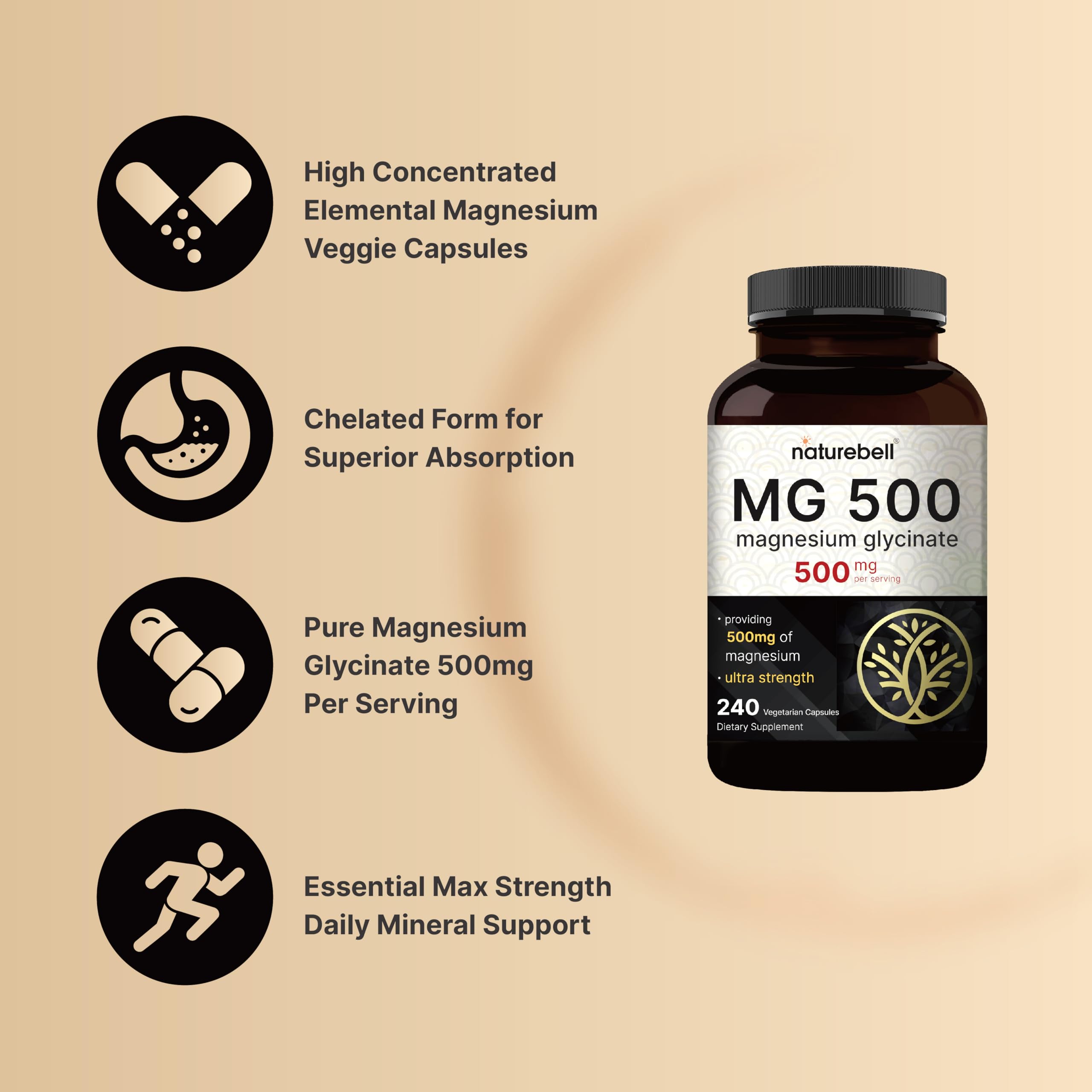 NatureBell Magnesium Glycinate 500mg Per Serving | 240 Veggie Capsule, 100% Chelated NatureBell uk supplements