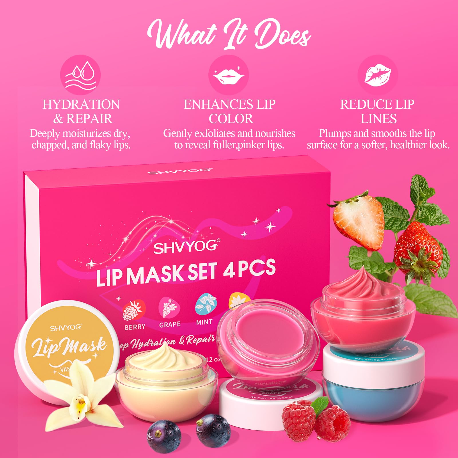 4 Pack Lip Mask Set, Hydrating Lip Mask Overnight - Berry, Grape, Mint, Vanilla Flavors, Lip Sleeping Mask Nourish Lip Balm with Vitamin C & Shea Butter | Dry Lips Care Gift SHVYOG uk supplements