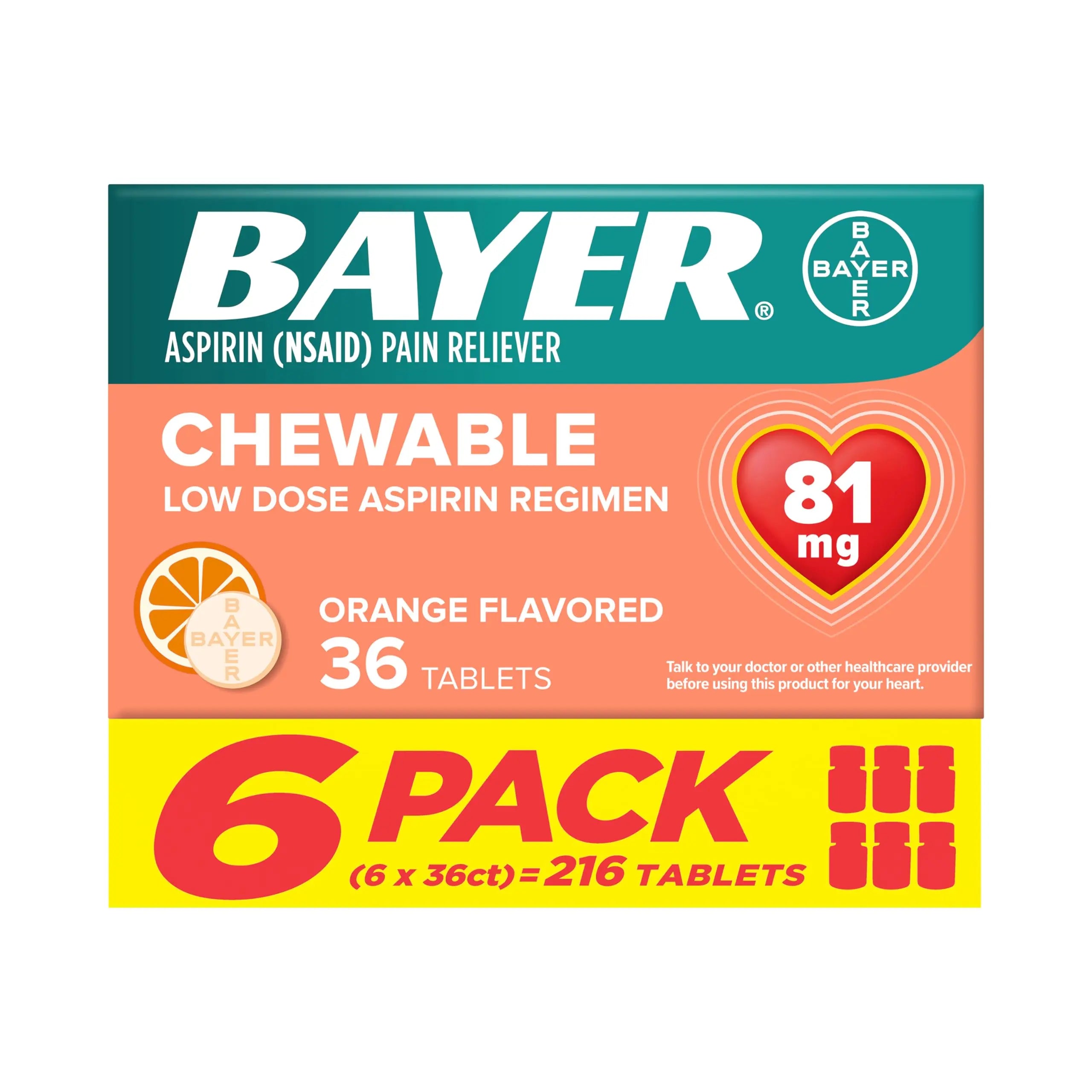 Bayer Aspirin Low Dose 81 mg Chewable Tablets, Pain Reliever, Orange Flavored, 216 Tablets (6 Pack) Bayer uk supplements