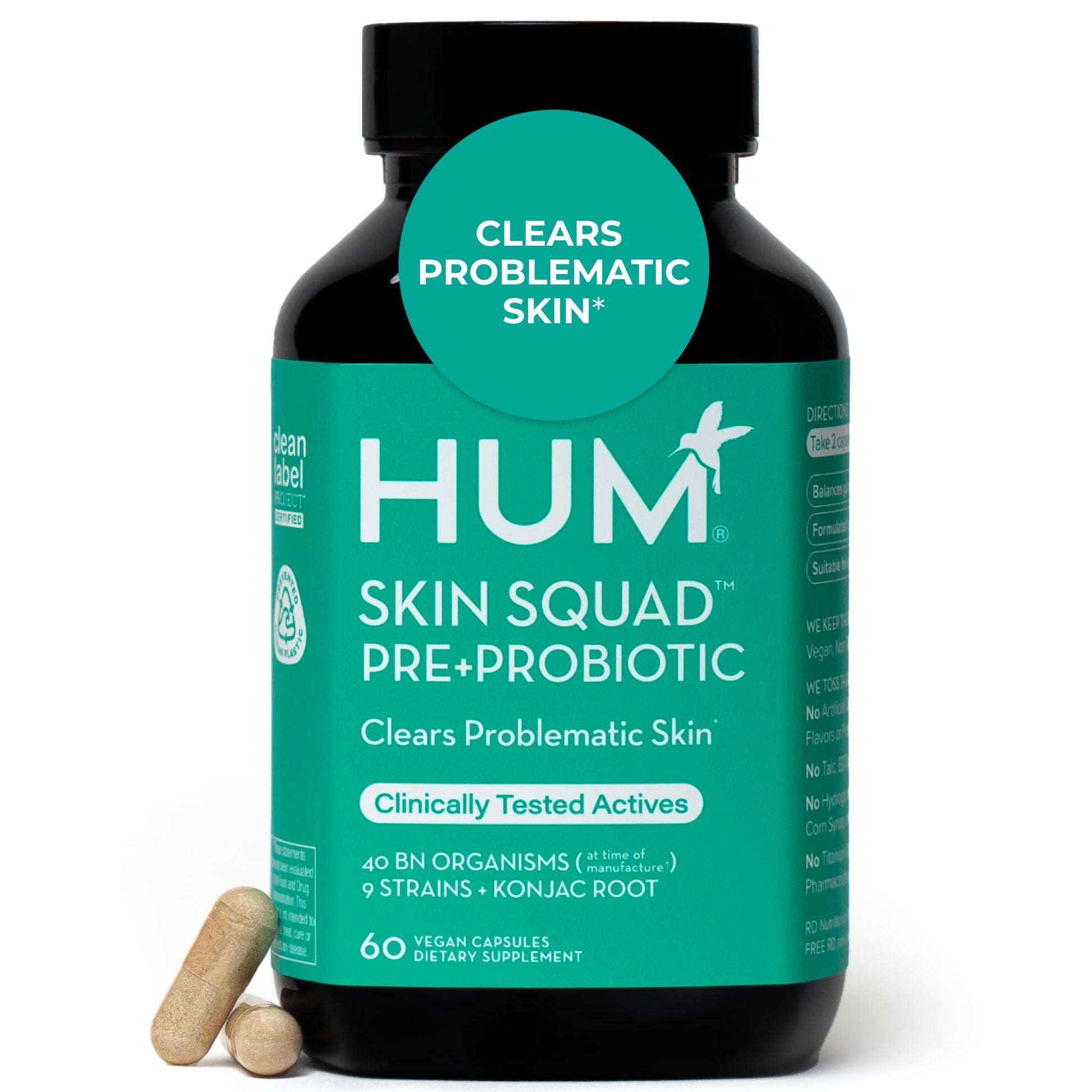HUM Skin Squad Probiotics for Women and Men, Skin Care Supplement for Clear Complexion & Gut Health Support, Microbiome Prebiotic & Probiotic Supplement for Breakouts, Digestive Health, 60 Capsules HUM uk supplements