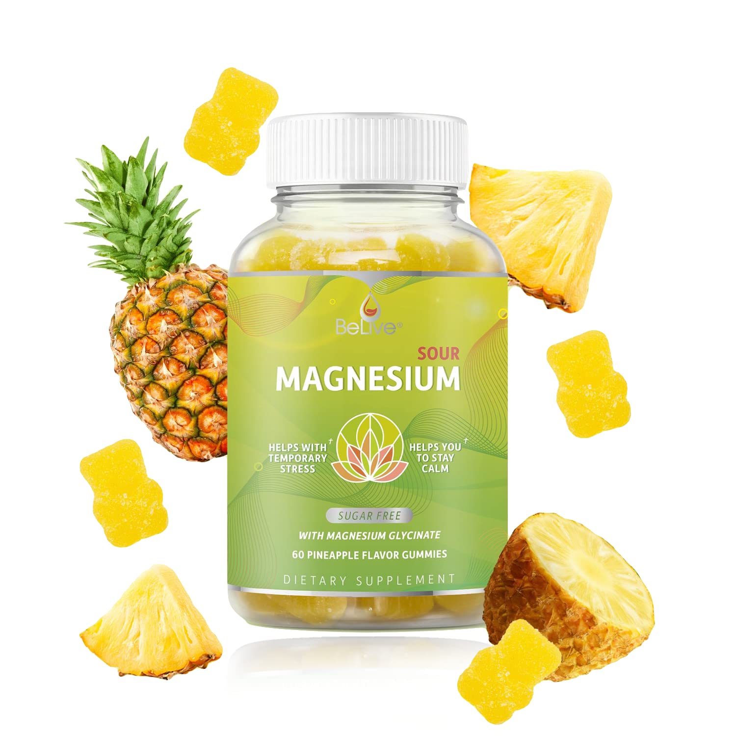 BeLive Magnesium Gummies 200mg - 60 Ct | Magnesium Glycinate Supplements for Relaxation, Stress Relief, and Sleep for Adults & Kids - Tasty and Tangy Pineapple Flavor BeLive uk supplements