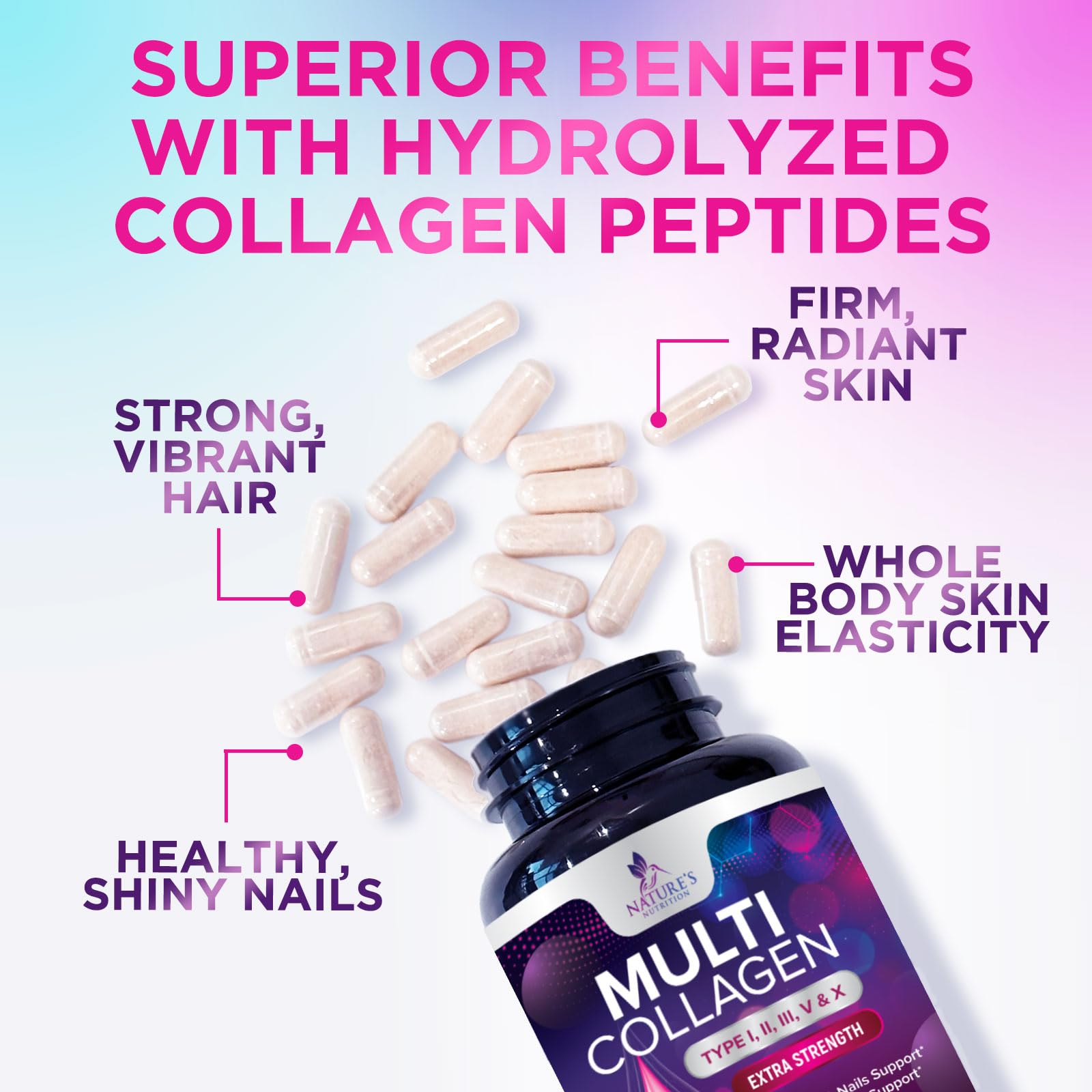 Multi Collagen Pills 2400 mg - Advanced Types I, II, III, V, X - Hydrolyzed Multi Collagen Peptides Pills, Collagen Supplements for Women & Men - Hair, Skin, & Nail Support Supplement - 120 Capsules Nature's Nutrition uk supplements