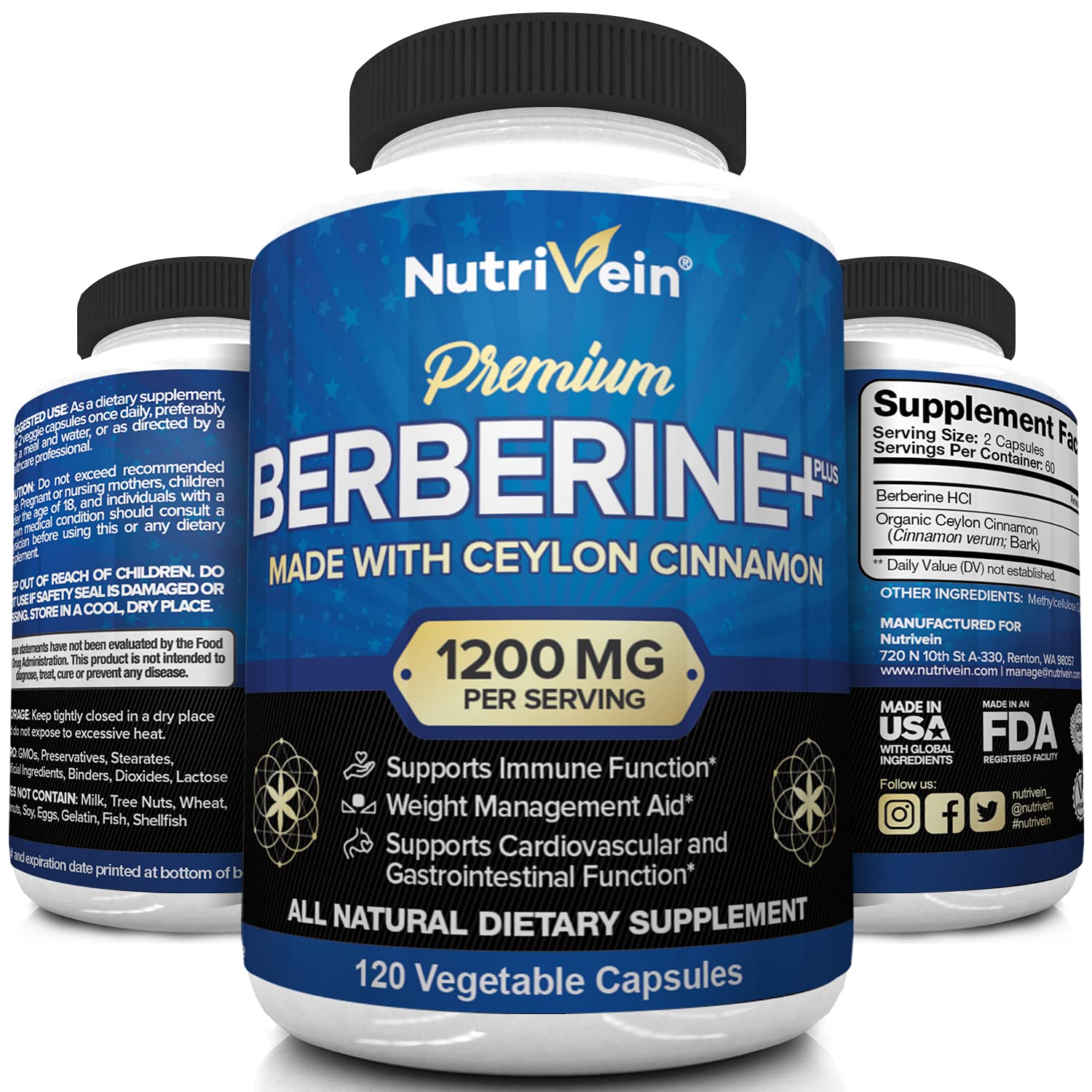 Nutrivein Premium Berberine HCL 1200mg Plus Organic Ceylon Cinnamon - 120 Capsules Nutrivein uk supplements
