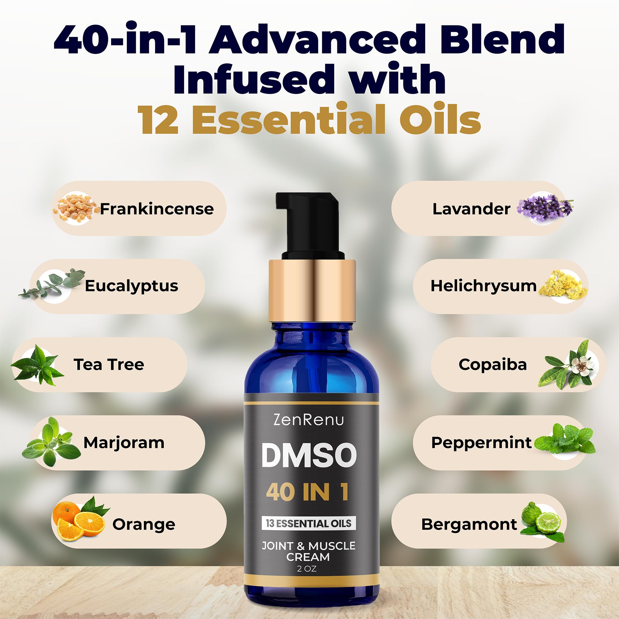 Zenrenu DMSO Cream 99.995% Pure Pharmaceutical Grade - 40-in-1 Advanced Formula -12 Essential Oils, Arnica, Aloe Vera, MSM - Fast-Absorbing Cream – 2 oz Glass Pump Bottle – Made in USA Zenrenu uk supplements